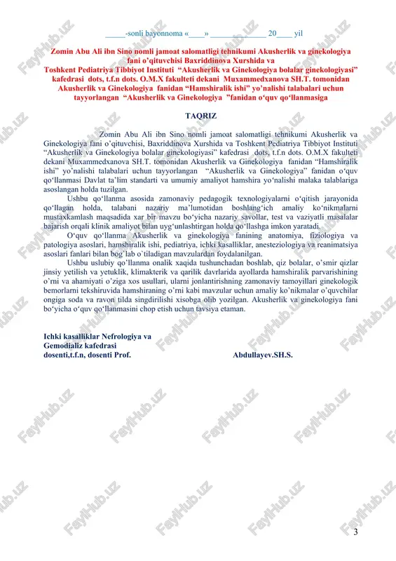 t agentligi), bo‘lajak umumiy amaliyot hamshiralariga, umumiy amaliyot feldsher-akusherlariga akusherlik va ginekologiya fanidan o‘zlashtirishi lozim bo‘lgan mavzularni o‘z ichiga olgan o‘quv adabiyotiga ehtiyoj tug‘ildi. ushbu ma’ruza matni onalik haqida tushunchadan boshlab, qiz bolalar, o‘smir qizlar, jinsiy yetilish va yetuklik, klimakterik va qarilik davrlarida ayollarda hamshiralik parvarishining o‘rni va ahamiyati, o‘ziga xos xususiyatlarini, shuningdek homiladorlik, tug‘ruq va chilla davrida hamshiralik parvarishi, yangi tug‘ilgan chaqaloqlarni parvarishlash usullari, ularni jonlantirishning zamonaviy tamoyillari, ginekologik bemorlarni tekshirishiruvda hamshiraning o‘rni kabi mavzular uchun amaliy ko`nikmalar o‘quvchilar ongiga sodda va ravon tilda singdirilishi hisobga olib yozilgan. “akusherlik va ginekologiya” fanidan ko’nikmalar ro’yxati 1. homilador va tuqqan ayol shaxsiy varaqasining pasport qismini to’ldirish. 2. homilador ayollarda almashinuv kartasining pasport qismini to’ldirish. 3. laboratoriya va boshqa tekshiruvlarga yo’llanma to’ldirish. 4. qo’lni yuvish.(zararsizlantirish) 5. dez eritmalarni tayyorlash 6. sterillanadigan vositalarni universal usulda bikslarga joylash 7. tashqi jinsiy a’zolarni ko’zdan kechirish. 8. qin ko’zgulari yordamida tekshirish. 9. bimanual tekshiruv o’tkazish 10. …