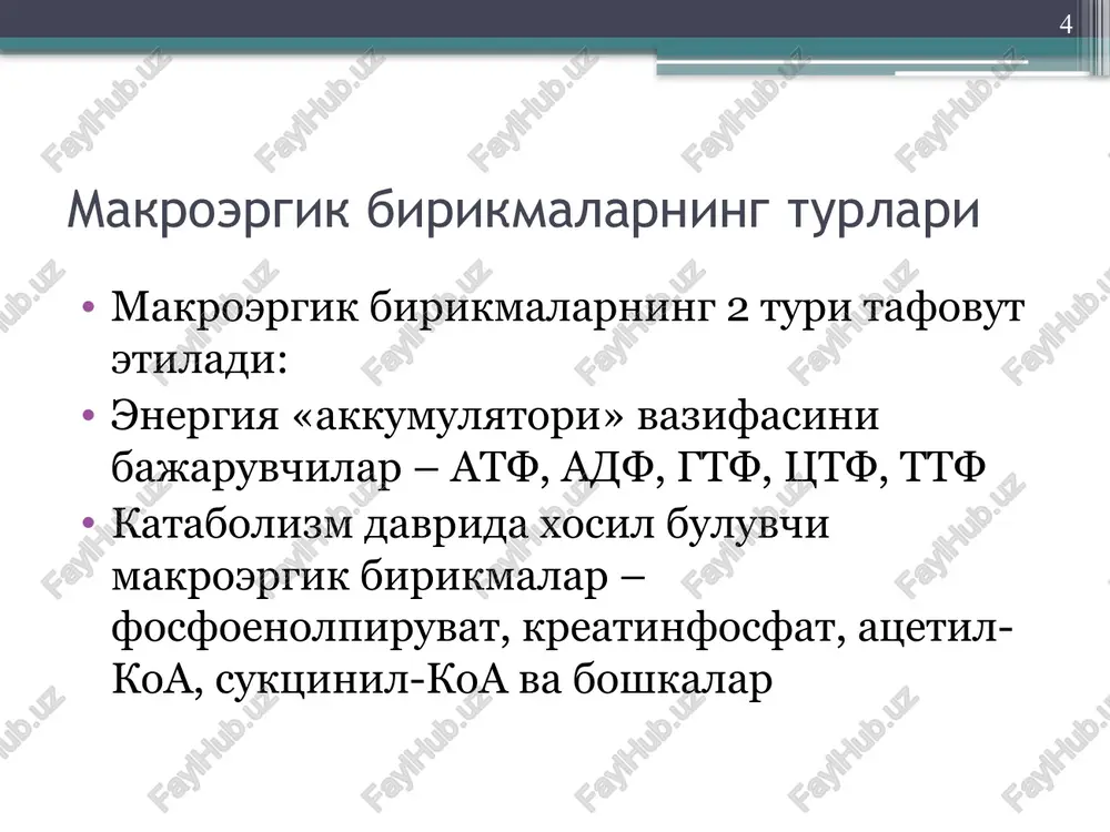 -derdvi nazariyasi deyiladi. bu nazariyaga asosan tukimada metabolitni oksidlanishi bir yula proton va elektronlarni ajralishi va ularni kislorod molekulasiga kiritilishi bilan boradi. ammo elektron va protonlar tugridan-tugri kislorod bilan birikmay, balki spetsifik fermentlar va kofermentlar ishtirokida sodir buladi. 13 biologik oksidlanishda ishtirok etuvchi fermentlar: proton va metabolitdan kiselektronlarni oksidlanayotgan lorodga utkazilishi kuyidagi 4 gurux fermentlar ishtirokida buladi: 1. piridinga boglik bulgan degidrogenazalar; 2. flavinga boglik bulgan degidrogenazalar; 3. ubixinon; 4. tsitoxromlar. 14 piridinga boglik degidrogenazalar bu degidrogenazalarning kofermenti bulib nad va nadf xisoblanadi. 15 flavinga boglik degidrogenazalar prostetik gurux sifatida fad yoki fmn saklaydi 16 tsitoxromlar 1886 yilda makmann tomonidan ochilgan, 1925 yilda keylin ularni tsitoxromlar deb atagan. spektral xususiyatlari bilan farklanuvchi 5 xil tsitoxromlar tafovut etiladi: v,s, s1, a, a3 barcha tsitoxromlar molekulasida gem saklanadi. tsitoxrom s molekulasida 103dan 112gacha aminokislota koldigi buladi. ular bir-biridan 67-84 oraligidagi aminokislotalar bilan farklanadilar. 17 tsitoxromlarning turlari: tsitoxrom a va a3 tsitoxromoksidaza deb …