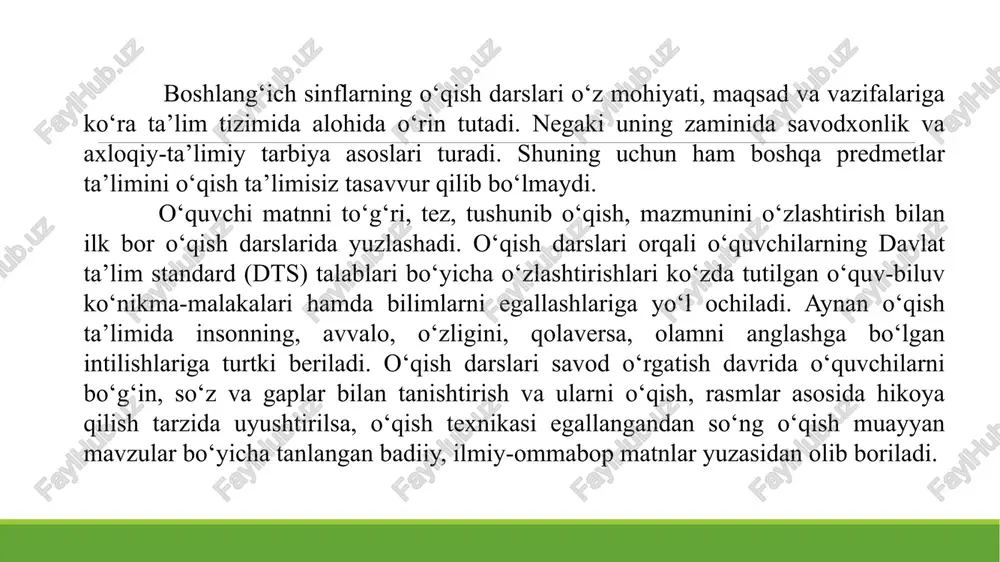 n: „to‘g‘ri o‘qish - bu materialning tovush tomonidan xatosiz va bir tekisda ravon nusxa ko‘chirishdir". to‘g‘ri o‘qish so‘zning uzun-qisqaligiga, o‘quvchining so‘z boyligiga, ya’ni so‘zning leksik ma’nosini qanchalik bilishiga hamda so‘zning bo‘g‘in va morfemik tarkibiga bog‘liq. o‘quvchilar ko‘pincha quyidagi sabablarga ko‘ra xatoga yo‘l qo‘yadilar. 1.so‘zni talaffuz qilish bilan uning ma’nosini tushunish o‘rta­sida puxta sintez bo‘lmagani uchun bola so‘zning oldin tovush tomonini ko‘radi, uni talaffuz qilishga oshiqadi. so‘zning ma’nosini esa e’tibordan chetda qoldiradi. 2.so‘z ko‘p bo‘g‘inli bo‘lib, bola uni oldin eshitmagan bo‘lsa, xatoga yo‘l qo‘yadi. 3.so‘zning ma’nosini bilmaslik tufayli xatoga yo‘l qo‘yadi. 4.tez o‘qiyman deb xatoga yo‘l qo‘yadi. 5.to‘g‘ri o‘qish yorug‘likka va yorug‘likning tushishiga ham bog‘liq. 6.undosh tovush so‘zning o‘rtasida va oxirida kelgan yopiq bo‘g‘inli so‘zlarni o‘qishda qiynaladilar tez o‘qish. tez o‘qish me’yoriy tezlikda o‘qish bo‘lib, bunda o‘qish sur'ati matnning mazmunini tushunishdan ajralib qolmasligi kerak. o‘qish tezligi matnni tushuntirish tezligi bilan muvofiq ravishda o‘sib borishi lozim. o‘qilayotgan asar mazmunini o‘zlashtirishni, matn maz­munini …
