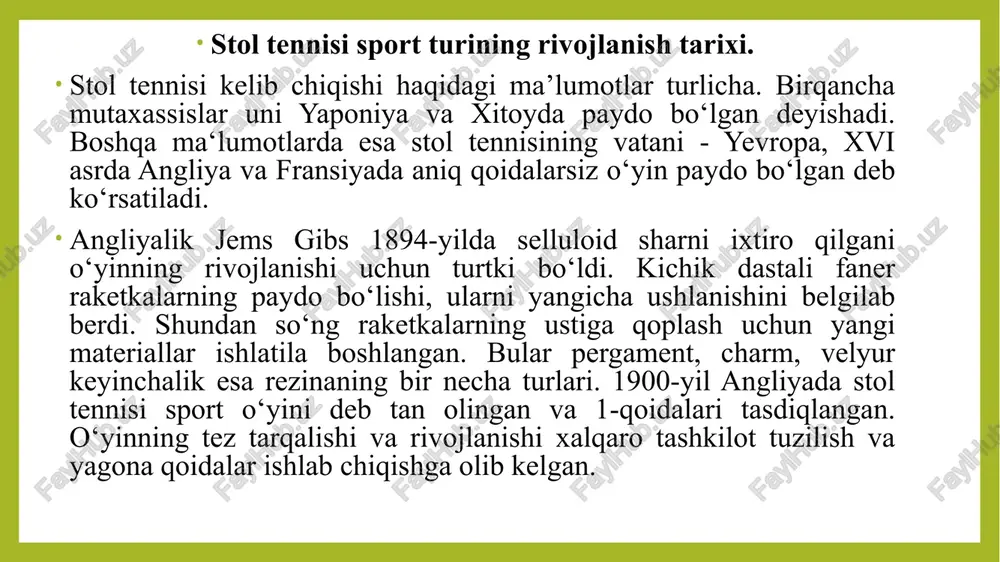ammo bu hol o‘yindagi o‘zgarishlarga sabab bo‘lmadi. 1952-yilda bombeydagi jahon chempionatida yaponiyalik sportchi xirodzi sato bo‘rtma qoplamali raketkadan foydalanib, jahon chempioni bo‘lgan. yaponiya terma jamoasi o‘sha vaqtda jahon chempionatida ilk bor ishtirok qilgan va o‘zlarining shiddatkor hujum taktikalari tufayli yakkalik va jamoaviy bahslarda ko'plab medallarni qo‘lga kiritishgan. shu vaqtdan boshlab bo'rtma rezina qoplamali raketkalar butun yevropa bo‘ylab tarqala boshlagan va ushbu qit’a butun dunyo stol tennisi markaziga aylangan. ammo mutaxassislarning e’tirofiga ko‘ra, raketkaning yangi turdagi qoplamasi stol tennisinlng eng ommabop sport turiga aylanishiga yordam bermagan. chunki sharni raketkaning qalin bo‘rtma rezina qoplamasiga urilishi unga katta tezlik bergan va bu zarbani qaytarish juda murakkab bo‘lgan. shu tariqa o‘yinda ko‘plab uzilishlar paydo bo‘lib, o‘yin taqdiri oxirgi zarbaga bog‘liq bo‘lib qolgan. musobaqada kuch asosiy o‘ringa chiqqan, o‘yin texnikasi esa ikkinchi o‘ringa tushib ketgan, bu esa stol tennisining ommaviyligiga putur yetkazgan. shunga ko‘ra, 1959-yilda sportchilarga bo‘rtma qoplamali raketkalardan foydalanish ta’qiqlab qo‘yilgan. 1959-yildan boshlab ko‘piksimon …