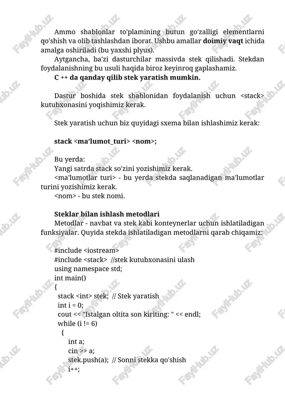 ), empty(). 1. navbatga yangi element qo'shish uchun push() funksiyasidan foydalanish kerak. qavslar tarkibida biz qo'shmoqchi bo'lgan qiymat bo'lishi kerak. 2. agar biz birinchi elementni olib tashlashimiz kerak bo'lsa, biz pop() funksiyasi bilan ishlashimiz kerak. qavslar ichida endi ko'rsatilishi kerak bo'lgan narsa yo'q, lekin qoidalarga ko'ra, ular albatta mavjud bo'lishi kerak! ushbu funksiyalarga argument kerak emas: empty(), back() va front(). 3. agar navbatning birinchi elementiga murojaat qilishingiz kerak bo'lsa, unda front() funktsiyasi kerak. 4. back() funksiyasi navbatdagi oxirgi elementga kirishga yordam beradi. 5. navbatning bo'shligini bilish uchun empty() funksiyasidan foydalanish mumkin. · agar sizning navbatingiz bo'sh bo'lsa, u true qiymatini qaytaradi. · agar unda biror narsa bo'lsa, u false qaytadi. quyida biz yuqoridagi metodlarning barchasini qo'llaymiz: #include #include // nueue kutubxonasini ulash using namespace std; int main() { queue n; // navbat yaratish cout > a; n.push(a); // navbatga element qo'shish } cout #include // nueue kutubxonasini ulash using namespace …