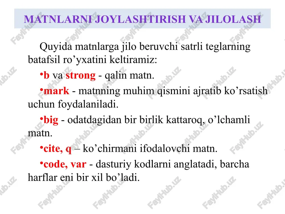 atga ega emas, agar u ko’rsatilsa, raqamlashni teskaridan kamayish tartibida akslantiradi. masalan 1, 2, 3 o’rniga 3, 2, 1. ro’yxatlar matnlarni joylashtirish va jilolash ro’yxatlar matnlarni joylashtirish va jilolash belgilangan ro’yxat ro’yxatlarda har doim ham tartib raqamini ko’rsatish zarur bo’lavermaydi. sanab o’tilayotgan elementlarning barchasi bir xilda ahamiyatga ega bo’lsa ularni xatboshidan ajratib ko’rsatish kerak bo’lgan hollarda belgilangan ro’yxatdan foydalaniladi. uning sintaksisi quyidagicha: ro’yxatlar matnlarni joylashtirish va jilolash bunda type ro’yxat qanday belgi bilan ko’rsatilishini aniqlaydi: disc — doira; circle — aylana; square — kvadrat maydoncha. ro’yxatlar matnlarni joylashtirish va jilolash izohli ro’yxat. izohli ro’yxat asosan atamalar va ularni tavsiflash uchun qo’llaniladi. ro’yxat dl tegi yordamida yaratiladi. nomlanish dt tegi bilan beriladi, unga izoh esa dd yordamida ifodalanadi. ushbu uchala teg alohida alomatlarga ega emas. ro’yxatlar misol firefox eng qulay brauzer chrome eng tezkor brouzer matnlarni joylashtirish va jilolash izohi yashirin ro’yxat ko’p hollarda sarlavhalarning o’zini ro’yxat sifatida keltirish kifoya bo’ladi, …