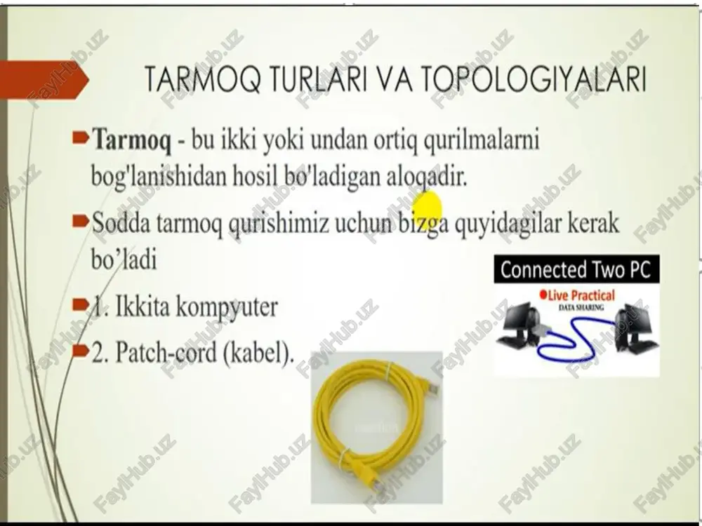 o'rgazmali namoyish amaliy mashq bajarish innovatsion metodlardan foydalanganda faqat ma'ruza o'tilganda o'mkhttkmovauqti 2-modul * 2-modul o'mkhttkmovauqti 2-modul * 2-modul \ we tarmoq turlari va topologiyalari ™tarmog - bu ikki yoki undan ortiq qurilmalarni bog'lanishidan hosil bo'ladigan alogadir. ™sodda tarmog qurishimiz uchun b quyidagilar kerak bo/ladi comes m1. ikkita kompyuter 2. patch-cord (kabel). tarmoq turlari = pan (personal area network) — ko'pi bilan 8ta qatnashchilar mayjud bo'lishi mumkin va radius qamrovi 30 metrgacha. ™lan (local area network) — 10 tadan 100 gacha foydalanuvchilar mavjud i mumkin va radius qamrovi 100 metrgacha. =can ( pus area network) — o'ziga bir necha lan tarmoglarini birlashtiradi. katta va ko'p segmentli lan hosil qilinadi. ™man (metropolitan area network) — shahar qamrovidagi tarmoq. 1000 metr masofani o'zida qamrab oladi va o'zida 1000 ta foydalanuvchilarni o'ziga birlashtiradi. wan (wide area network) — global kompyuter tarmog'i hisoblanadi. million abonentlarni o'zida birlashtiradi (internet). tarmoq komponentalari = 1. qurilma: ® …