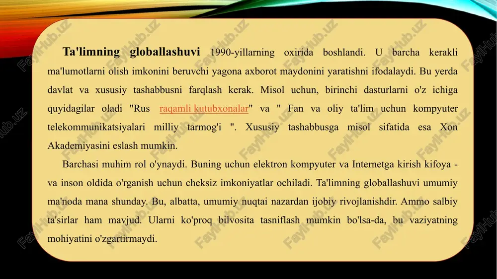 yalarning jamiyat taraqqiyotidagi o‘rni o‘rganildi. sssr parchalanishi arafasida o'zgarishlar yuz berdi. aynan, ta'limni axborotlashtirish konsepsiyasi yaratildi. u jamiyat taraqqiyotining asosiy yo‘nalishlari bilan bir qatorda bosqichlarini ham belgilab berdi. konsepsiyada uning asosiy maqsadi axborot jamiyatida shaxsni to‘laqonli hayotga tayyorlash jarayonini ta’minlash ekanligi ta’kidlandi. asosiy e’tibor nafaqat moddiy-texnik bazaga, balki pedagogik mehnat va kadrlar tayyorlashning yangi madaniyatini shakllantirishga ham qaratildi. u zamonaviy rossiya federatsiyasida bularning barchasini rivojlantirish uchun asos yaratdi. hozirgi vaqtda ta'lim globallashuvining qaysi omillari muhim rol o'ynamoqda? bu savolga javob berishda to'rtta asosiy fikr mavjud: 1. zamonaviy telekommunikatsiya vositalari va axborot texnologiyalari bilan jihozlash. ular ta'lim jarayonining samaradorligini sezilarli darajada oshiradigan yangi pedagogik vosita sifatida qo'llaniladi. bu omil kompyuterlarning an’anaviy o‘quv fanlariga kiritilishi bilan shakllana boshladi. endi u sezilarli darajada rivojlangan va o'qituvchilarga turli xil narsalarni taklif qiladi tashkiliy shakllar ish va yangi vositalar. ta'lim jarayonining deyarli barcha bosqichlari mavjud. 2. talaba va o‘qituvchi faoliyatini qo‘llab-quvvatlash uchun zamonaviy axborot-kommunikatsiya texnologiyalari …