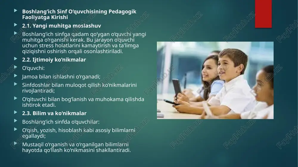 monaviy ta’lim jarayonida innovatsion texnologiyalar muhim ahamiyat kasb etadi. boshlang‘ich sinf o‘qituvchilari zamonaviy axborot texnologiyalaridan foydalanib, o‘quvchilarning ta’lim olish jarayonini yanada qiziqarli va samarali qilishlari mumkin. xulosa boshlang‘ich sinf o‘qituvchisining pedagogik faoliyatga kirishi murakkab, ammo muhim jarayondir. ushbu jarayon davomida o‘qituvchi o‘z kasbiy malakalarini rivojlantirishi, o‘quvchilarning qobiliyatlarini aniqlashi va ularga yo‘naltirilgan ta’lim jarayonini tashkil qilishi zarur. shuningdek, o‘qituvchi pedagogik etikaga amal qilishi va o‘z kasbiga mas’uliyat bilan yondashishi kerak. boshlang‘ich sinf o‘qituvchisining faoliyati faqat bilim berishdan iborat bo‘lmay, balki yosh avlodning barkamol shaxs sifatida shakllanishiga xizmat qiladi. foydalaniladigan adabiyotlar ro`yxati 1. mirziyoyev sh.m. tanqidiy tahlil, qatʼiy tartib-intizom va shaxsiy javobgarlik – har bir rahbar faoliyatining kundalik qoidasi boʻlishi kerak. oʻzbekiston respublikasi vazirlar mahkamasining 2016-yil yakunlari va 2017-yil istiqbollariga bagʻishlangan majlisidagi oʻzbekiston respublikasi prezidenti nutqi. // xalq soʻzi gazetasi, 2017.16-yanvar, №11 2. oʻzbekiston respublikasining konstitutsiyasi t.: -oʻzbeksiton 2012y. o‘zbekiston respublikasining «ta’lim to‘g‘risida»gi qonuni. , -t.:o‘zbekiston. 2020 y 3. maktabgacha taʼlim konsepsiyasi …