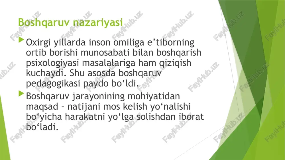 bashorat qilish va loyihalash rejani ishlab chiqish uchun asos hisoblanadi. rejalashtirish - oldindagi o‘zaro bog‘liq pedagogik va o‘quv faoliyatining rejasini ishlab chiqishdan iborat bo‘ladi. u texnologik xarita ko‘rinishida rasmiylashtiriladi. tashkillashtirish - ta’lim beruvchi tomonidan talabalarni belgilangan ishga jalb qilish, belgilangan maqsadga erishishda ular bilan hamkorlik qilish. axborotli ta’minlash - o‘quv axboroti va qaytar aloqani yetkazib berishning yo‘l va vositalarini amalga oshirish. bunda yig‘ilgan axborot jarayonining borishini tezkorlikda o‘zgartirishni, ta’sir ko‘rsatadigan rag‘batlantiruvchi omillarni, samarali vositalarni kiritishga imkon beradi. nazorat, baholash va o‘zgartirish kiritish - rivojlanish jarayoniga ta’sir ko‘rsatadigan rag‘batlantiruvchi omillarni yaratish, pedagogik ta’sir etish obyekti o‘zgarishini muvofiqlash. tugallangan jarayon tahlili- samarasizlikni, ularni paydo bo‘lish sababini aniqlash, kelgusi takror ishlab chiqiladigan davrda unga yo‘l qo‘ymaslik choralarini aniqlash. jismoniy tarbiya va sport sohasida boshqaruv uslublari. sermahsul pedagogik muloqot mezonlaridan biri – bu o‘quv guruhida qulay ruhiy muhitni yaratish, ma’lum bir shaxslararo munosabatlarni shakllantirishdir. o‘quv guruhidagi shaxslararo munosabatlar haqiqatdan ham pedagog tomonidan maqsadli ravishda …