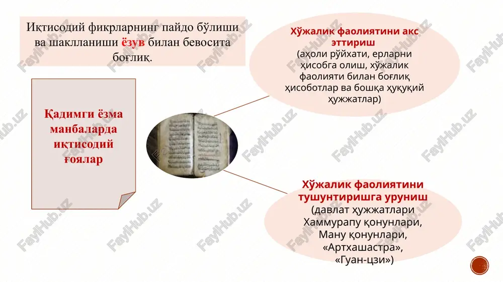 orug'lik (axura mazda) hamda yovuzlik va qorong'ilik (anxra manu) kuchlari o'rtasidagi kurash; - inson xo'jalik faoliyatining tabiiy muhitga bog'liqligi, insonga tanlash huquqining berilganligi, u yaxshilik yoki yomonlik tomonini olishi va shunga mos harakat qilishi kerakligi; - moddiy boyliklarni ko'paytirish yorug' dunyodagi yaxshi ishlarning asosiysi ekanligi. shu sababli «avesto»da natural-xo'jalik faoliyati keng targ'ib etilgan va amaliy maslahatlar berilgan. yoshlarning qariyalarga hurmati, ularga qarshi chiqmaslik g'oyasi; davlat katta oila, podsho esa «xalqlar otasi»dir, boyliklar tekis taqsimlanishi, soliqlarni me'yorida saqlash, er ishlarini yaxshi bajarish, hamma o'z vazifalarini bajonidil ato etishi zarur; aristokratiya va xalq o'rtasida vujudga kelgan quldorlik va xususiy mulk himoya qilinadi; konfutsiy «buyuk jamoa mulki» (dehqonlar jamoasi) va xususiy egalik (quldorlar mulki)ni farqlaydi, so'nggisini ko'proq qo'llaydi; boylikning manbai mehnat bo'lib, hokimlar boyligi xalq boyligiga asoslanadi. qadimgi xitoydagi iqtisodiy g'oyalar (m.a. vi-iii asrlar) konfutsiylik g'oyasi kun-tszi (m.a. 551-478 yy.) «lun yuy» («suhbatlar va mulohazalar») to'plami. olim kelajak rivojini o'tmishdan izlaydi. syun-tszi (m.av. …