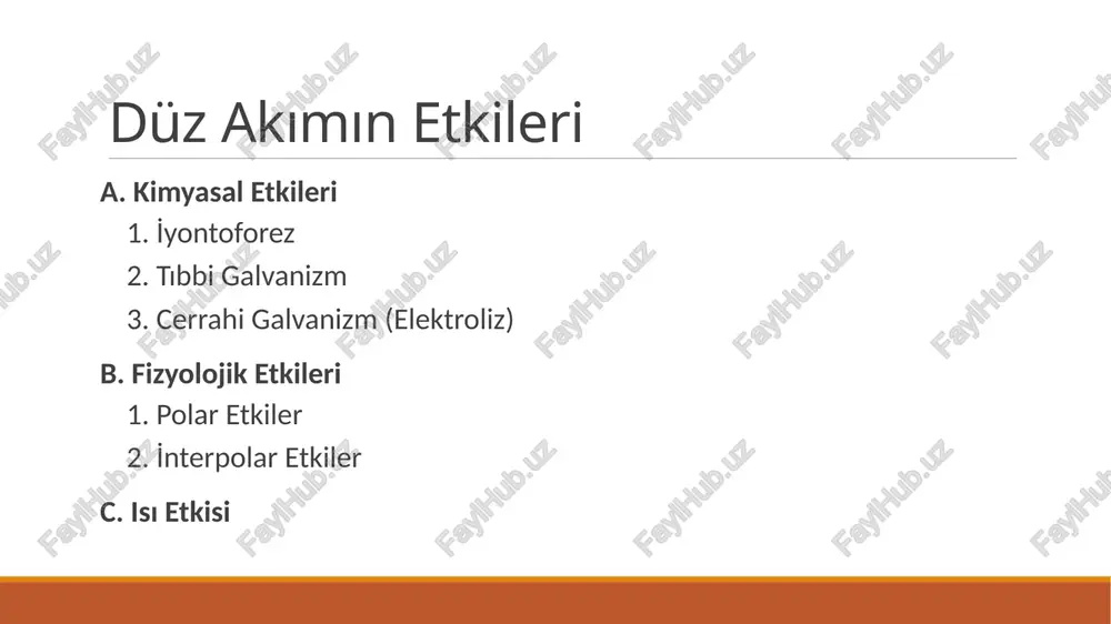i amacıyla kullanılır. anodal galvanizm akımın tedavi edilecek bölgeye anottan hastaya uygulanmasıdır. katot ise, vücudun herhangi bir yerine yerleştirilir. anodal galvanizm yeni olan travmalarda, ayak bileği burkulmalarında, inflamasyonun ve ödemin akut devresinde kullanılır. akım şiddeti 1 inç kare (6.25 cm²) için 0,25 – 0,5 ma ve uygulama süresi 45-60 dk’dır. katodal galvanizm katot tedavi edilecek bölgeye, ondan daha büyük olan anotta vücudun herhangi bir yerine yerleştirilir. katodal galvanizm, kronik iltihabi durumlarda, eklem limitasyonlarında ve skar dokuların yumuşatılmasında kullanılır. akım şiddeti 1 inç kare (6.25 cm²) için 2 ma ve uygulama süresi 20-30 dk’dır. anot ve katotun karşılıklı kullanılması anot ve katot tedavi edilecek bölgenin her iki tarafına karşılıklı yerleştirilir. katodal galvanizmin kullanıldığı yerlerde ve aynı akım şiddeti ve uygulama süresi kadar kullanılır. su içi uygulamaları derinin su içinde direncinin düşük olması ve geniş bölgelerin tedavi edilebilir olması nedenlerinden dolayı su içi uygulamaları kullanılır. kullanılan su ılık olmalıdır. tedavi bölgesinin suyun …