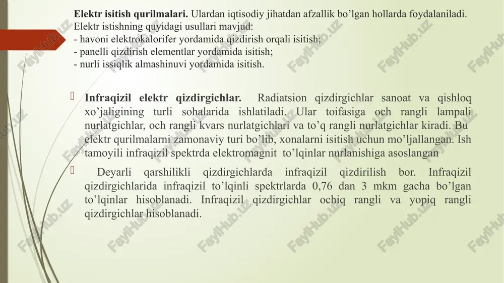 ga boʼlish mumkin: 1) mahsulotlarni termik va termokimyoviy qayta ishlash uchun moʼljallangan termik pechlar. 2) oson eruvchi metallar va qotishmalarni eritish uchun moʼljallangan eritish pechlari. 3) quritish pechlari. bevosita qizitish qurilmalari va pechlari. bevosita ishlovchi pechlarda muhsulot, masalan metall sterjen ikkala tomondan siqish moslamasiga o’rnatiladi va u sterjendan tok oqib unga issiqlik chiqaradi. natijada mahsulot kerakli haroratgacha qizdiriladi. ushbu qurilmalarning sasosiy elektr jihozlari pasaytiruvchi transformatorlar, kontaktni siqish mexanizmlari, qizdirish jarayonini avtomatik boshqarish qurilmalari. bevosita qurilmalarning quvvati 2000 kva, kuchlanish 380 v, 1000 v va undan yuqori. bevosita qizitish, issiqlik bevosita qizdirilayotgan qismida elektr toki oqayotgan taqdirda ajraladi. davriy holatda ishlovchi elektr qarshilik pechlari. e’tiboringiz uchun rahmat!!! image1.jpeg image2.png image3.png image4.png image5.jpeg image6.jpeg image7.png image8.jpeg image9.emf poy at *® payee 2.1-rasm. a) elektr radiator tuzilishi. b) elektr radiator umumiy ko’rinishi aq). 1-korpus, 2-ruchka, 3-panel, 4-termostat, 5-o'chirgich, 6-gopqoq, 7-katushka, 8-manba vehi q=lrt u’s pl 2.5-rasm. bevosita qizdirish pechining prinspial sxemasi l-suy bilan …