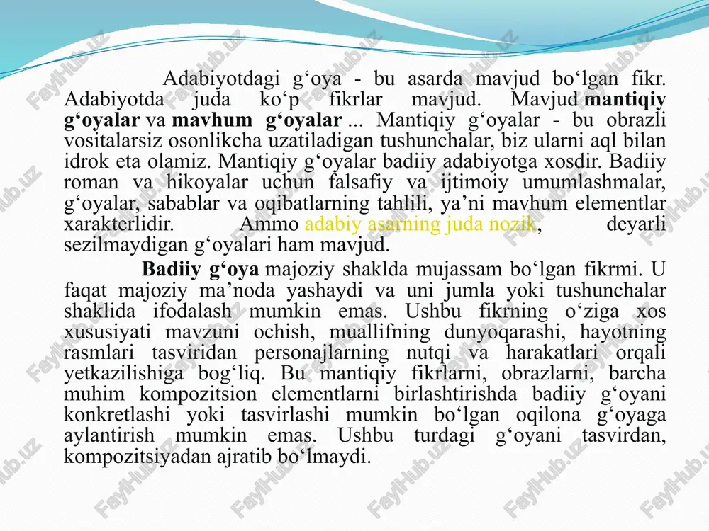 kuch, erkinlik, iroda, go‘zallik, hayot mazmunini izlash va boshqalar. "abadiy mavzular" - bu inson axloqi, odamlar o‘rtasidagi munosabatlarning jonli xotirasi, insoniyat san’at tasvirlarida o‘rnatadigan xotiradir. san’atdagi "abadiy mavzular" bir davrdan ikkinchi davrga o‘tadi va tarixiy taraqqiyot jarayonida inson xarakterining eng umumlashtirilgan va barqaror xususiyatlarini o‘zida mujassam etadi. amaliy topshiriq:1. mavzuni rejalar asosida o‘rganib yozish. 2. boshlang‘ich sinf o‘qish savodxonligi darsliklaridagi asarlarda shakl va mazmun hamda mavzu va g‘oya mutanosibligini o‘rganib tahlil qilish. e’tiboringiz uchun rahmat! image2.png image3.png image4.png image5.png image6.png image7.png image8.png image9.jpeg badiiy asarda g‘oya mazmuni chunki har qanday mavzuning o‘ziga muvofiq g‘oyalari bo'ladi. birog mavzu bitta; o‘ndan anglashiladigan g‘oyalar esa turlicha bo'lishi mumkin. ol g‘oyani ma’lum ma’ noda natija, 4 hosila deyish mumkin. shunday ekan, har qanday adabiy-badiiy asarning o‘ziga muvofiq g‘oyasi bo‘ladi. mavzu va g ‘oya asarda hayotning-muayyan parchasini gavdalantirishga asos bo ‘ladigan, uyda ta’sirchan qahramonlar qiyofasini yaratishni ta’minlaydigan poydevordir. badiiy asarlar mavzulari turlari malic this abadiy_mavzular, …