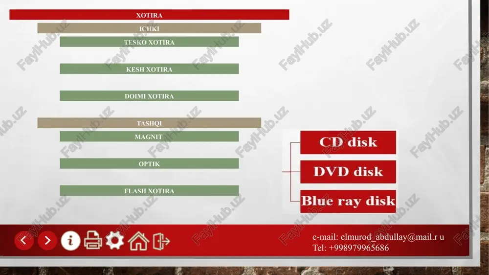 krochip xotira e-mail: elmurod_abdullay@mail.r u tel: +998979965686 vinchesterlar germetik (butunlay havo o‘tkazmaydigan) yopiq korpusga joylangan, magnitlana oladigan qatlamga ega disklardir. bitta korpusga bitta yoki bir nechta bunday disklar o‘rnatilsa-da, ular foydalanuvchi uchun bitta disk bo‘lib ko‘rinadi. vinchester jismonan yaxlit disk deb qaraladi, undagi disklar esa silindr yoki kallaklar deyiladi, silindr halqasimon yo‘lchalardan tashkil topadi, yo‘lchalar esa o‘z navbatida sektorlarga ajratiladi. hard (vinchestrlar) qattiq disklar e-mail: elmurod_abdullay@mail.r u tel: +998979965686 ssd disk — bu qattiq diskning(nakopitel) bir turi bo'lib, kontroller va mikrosxemalardan tashkil topgan. uning ichida joylashgan qandaydir harakat qiluvchi disklar bo'lmaydi. ssd disklarning 2 turi mavjud bo'lib, ulardan biri ssd flesh, ikkinchisi ssdram deb nomlanadi. ssd disklar e-mail: elmurod_abdullay@mail.r u tel: +998979965686 etiboringiz uchun rahmat!!! e-mail: elmurod_abdullay@mail.r u tel: +998979965686 image3.jpg image4.png image5.jpeg image6.jpeg image7.png image8.png image9.png image10.png image11.png image12.png image13.png image14.png image15.jpeg image16.png image17.png image18.png image19.png image20.png image21.jpg image22.jpg image23.jpg image24.jpeg image25.png image26.jpg cd disk icro mise 4c | …