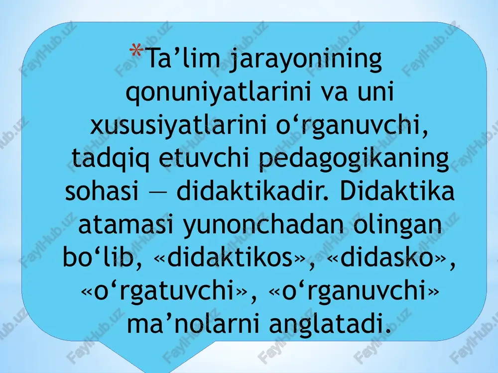 huntirish ta’lim jarayonini yanada mukammal tashkil etish, ta’lim tizimlari va texnologiyalarini ishlab chiqish ta’lim jarayoni uchun xos bo‘lgan umumiy qonuniyatlarni aniqlash, tahlil qilish va ta’riflash ta’lim prinsipi—ta’lim jarayonida amal qilinishi zarur bo‘lgan talab va qoidalar yig‘indisi. ta’lim mazmuni—o‘qituvchi tomonidan berilishi, o‘quvchilar tomonidan o‘zlashtirilishi lozim bo‘lgan bilimlar tizimi va axloqiy g‘oyalar to‘plamidir. ta’lim metodi—ta’lim maqsadiga erishish yo‘li va usuli. ta’lim shakli—o‘quvchilar miqdori, joy va vaqt bilan bog‘liq bo‘lgan ta’limni tashqi ko‘rinishidir. bosqichlar idrok etish bilimlarni egallash bosqichlari o‘quv materialini anglab yetish bilimlarni mustahkamlash bilimlarni amaliyotda qo‘llash ta‘lim jarayonining metodologik asoslari quyidagilar: o`zbekiston respublikasining ”ta‘lim to’g’risida” gi qonuni; sharqning buyuk mutafakkirlari forobiy, ibn sino, beruniy va boshqalarning ta’lim jarayoni, bilish faoliyati haqidagi fikrlari; falsafadagi dialektik bilish nazariyasi. 1-bosqich, o`quv materialini idrok qilishdan iborat. bunda o`quvchi-talaba ta‘limning mazmuni bilan tanishib, idrok qilib, o’zining bilish vazifalarini tushunib oladi. bunda sezgi, idrok, tasavvur kabi jarayonlar faol ishtirok etadi. 2-bosqich, ular o`quv materiallarini tushunib oladilar, uning …