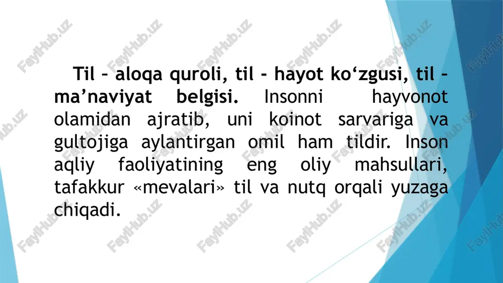 so‘z, morfema, fonemalarning kishi xotirasidagi obrazlari ruhiy «material» hisoblanadi. nutq yaratish jarayonida ma’lum tovush tizimda namoyon bo‘ladigan so‘z va morfemalar moddiy materialdir. tilning ruhiy hodisaligi uning xotirada saqlanishi bilan bog‘liqdir.tilning moddiyligini nutq jarayonida yuzaga keluvchi tovushlar belgilaydi. biz xotiramizda saqlanadigan qoidalardan tezkorlik bilan foydalanib, biror fikrni yuzaga chiqarish uchun so‘zlar grammatik ma’no tashuvchi morfemalar va so‘z shakllari, asosan, gaplarni hosil qilamiz. masalan, bizda kitobning qaerdan olinganligini bilish haqidagi fikr tug‘ildi, deylik. uni quyidagi savol shaklida yuzaga chiqaramiz: sen kitobni qaerdan olding? bunda biz sen, kitob, qayer, ol leksemalaridan; -ni, -dan, -ding morfemalaridan va so‘roq gap modelidan - qoidasidan foydalandik. mazkur gapni aytish jarayonida xotiramizdagi leksemalar alohida affiks morfemalarni olib, so‘z shakllariga aylandi va yuqoridagi tartibni egalladi. til ruhiy hodisadan moddiy hodisaga aylandi nutq tildagi ifoda vositalaridan foydalangan holda voqelikka aylangan fikrdir. nutq nutq a’zolarining harakatiga ko‘ra yuzaga kelib, ikki xil bo‘ladi: ichki nutq va tashqi nutq. kishilarning tovushlarni - so‘zlarni …