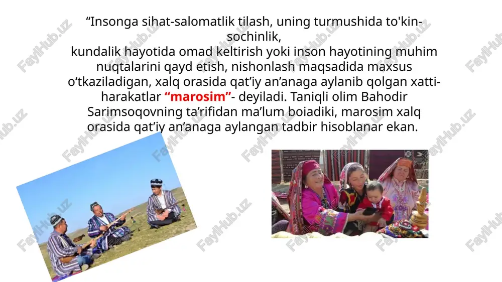 sunnat, chupron, chukron, qo‘lini halollash kabi nomlar bilan atab kelingan. to‘y egasining qo‘li ochiqligi, ko‘pincha, shu to‘yda aniqlangan. ona taraf toy va kuyov tarafni sarpolar bilan siylagan. ota taraf yurtga osh bergan, qarindosh-urug‘ va tanishlarga dasturxon yozgan. chorva bilan shug‘ullanadigan hududlarda, albatta, ko‘pkari, uloq uyushtirilgan. qadimgi an’analarga ko‘ra, xorazmda “oltin qovoq”, andijon, farg‘onada “quloq cho‘zma”, toshkentda “bola mast”lar o'tkazilgan. masalan, toshkentdagi odatga ko‘ra to‘y bolaga zarar qilmaydigan turli ichimliklar berilib mast holatga keltirishgan. shundan so‘ng bola tog‘asi, amakisi yoki qo‘shni yigitlardan birining yelkasiga opichilgan . xalq marosimlari qatoridagi motamlar eng qadimiylaridan hisoblanadi. yaratilganiga qariyb 3000 yil bo‘lgan “avesto”da ham vafot etgan odamni dafn qilish bo‘yicha ma’lumotlar bor. mahmud koshg‘ariyning “devonu lug‘oti-t-turk” asarida esa motam marosimida aytiladigan qo‘shiq-marsiyalardan misollar keltirilgan. o‘zbek motam marosimlari juda ko‘p turli hajmda o‘tkaziladigan yig‘inlardan iborat. uch, yetti, yigirma, qirq kunliklar; qor yog‘di, gul, shir oshi, qovoq kabi movliyatlar shular jumlasidandir. marsiyalarda hayotdan ko‘z yumgan odamning hayotligidagi …
