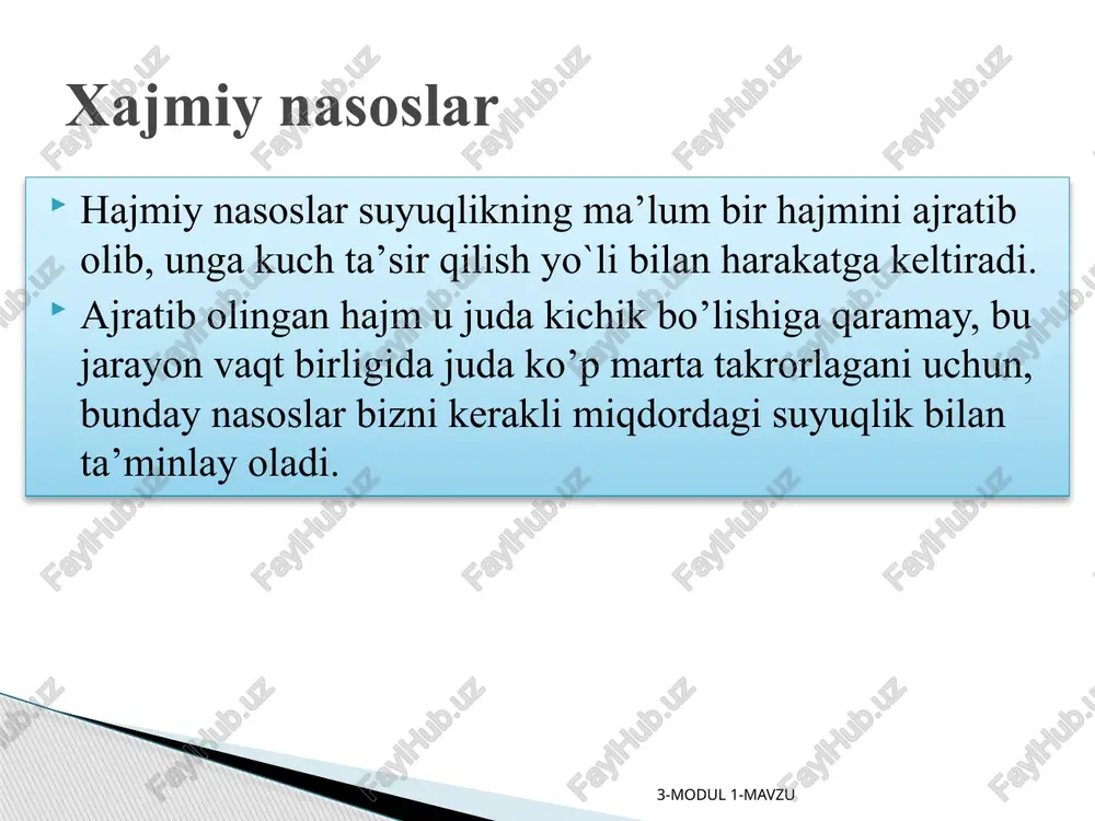 shqa qismlarida ham bo’ladi. porshenli va plunjerli nasoslarning kamchiligi 3-modul 1-mavzu porshen orqaga harakat qilaboshlashi bilan silindrdagi bosim kamayib, haydash kla­pani yopiladi. bosim pasayib borib (dc chizig’i) pc ga yetganidan so’ng yana so’­rish klapani ochilib, surish jarayoni boshlanadi. klapanlar ochilishining boshida (a va c nuqtalar) so’rish inersiya kuchi ta’sirida o’zgarib turadi. xajmiy nasoslarning asosiy parametrlarini hisoblash. 3-modul 1-mavzu porshenning suyuqlikka bergan quvvati indikator quvvat deyiladi va quyidagicha aniqlanadi: xajmiy nasoslarning asosiy parametrlarini hisoblash. bu yerda: s – porshenning yuzi; l – porshenning yo’li; pxi – indikator bosimi; n – aylanishlar soni. 3-modul 1-mavzu indikator quvvat foydali quvvat bilan quyidagicha bog’langan: bu yerda ηu – indikator fik. oddiy bir harakatli porshenning nazariy sarfi quyidagi formula bilan hisoblanadi. bu yerda: s – porshenning yuzi; l – porshenning yo’li; n – aylanishlar soni. 3-modul 1-mavzu haqiqiy sarfning nazariy sarfga nisbati hajmiy foydali ish koeffisiyenti deyiladi va haqiqiy sarf qx ning nazariy sarf qn …