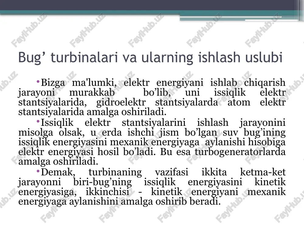 ga sarflangan. quvvati 4,4 kvt bo‘lgan birinchi bug‘ turbinasini (reaktiv turbina) 1885 yili ingliz muxandisi parsons yaratdi, 1913 yilda esa , turbinaning kuvvati 25 mvt gacha yetkazildi. keyinchalik bug‘ turbinalarining nominal kuvvati 60 mvt, bosimi 12,8 mpa ga yetkazildi, u kupchilik issiqlik elektr stantsiyalarida qo‘llanilib kelinmokda. zamonaviy turbinalarning kuvvati 1200 mvt dan ortib ketgan. turbina rotorining aylanishlar soni esa 2000-50000 ayl/min oralig‘ida. suv bug‘ining kinetik energiyasini mexanik energiyaga aylantirish mumkinligini shved muxandisi loval 1888 yilda (aktiv turbina) isbotladi. bug‘ - kuch qurilmasining nazariy sikli hozirgi vaqtda elektr energiyasining asosiy qismi (80% ga yaqini) bug‘ - kuch qurilmalarida ishlab chiqariladi, ularda ish jismi sifatida suyuq va bug‘ xolatdagi suv ishlatiladi. yoqilg‘ining yonishida hosil bo‘ladigan issiqlikni mexanikaviy ishga aylantiradigan qurilmalar yig‘indisi bug‘-kuch qurilmasi deyiladi. bug‘-kuch qurilmalari qozon agregati, bug‘ turbinasi, kondensator, nasos, elektr generator va boshqa yordamchi uskunalardan tashkil topgan. bug‘-kuch qurilmalarida ishlatiladigan ish jismi – suv bug‘i parametrlarining o‘zgarishini qarab chiqamiz. …