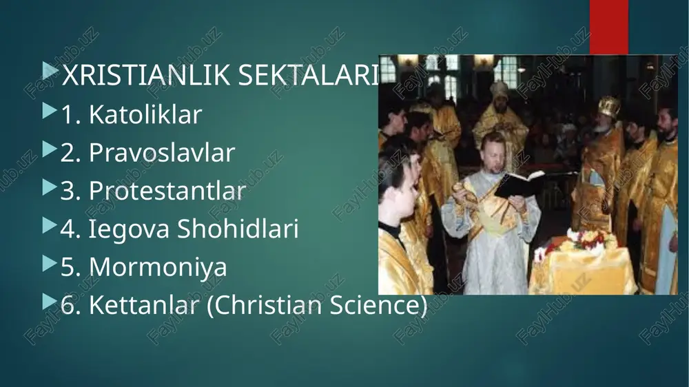 iniy taqvim qabul qilingan. har 19 kunda jamoaning barcha a'zolari ibodat qilish, jamoa bilan bog‘liq ishlarni muhokama qilish, o‘zaro birodarlik aloqalarini mustahkamlash uchun yig‘iladilar. har yili 2-martdan 20-martgacha bahoiylar kun chiqardan kun botgunga qadar ovqat va suvdan o‘zlarini tiyib, ro‘za tutadilar. hozirgi vaqtda dunyoda bahoiylarning 9 ta ibodat uyi, 200 ga yaqin milliy hamda bir qancha mahalliy diniy majlislari mavjud. ahmadiylik (qodiyonilik) asoschisi: xix asrning oxirlarida mirzo g‘ulom ahmad qodiyoniy tomonidan tuzilgan.g‘ulom ahmad 1840-yilda hozirgi pokiston hududidagi panjob viloyatining gurdaspur mintaqasidagi qodiyon qishlog‘ida tug‘ilgan. paydo bo‘lishi : 1876-yilda g‘ulom ahmad allohning huzuriga chiqqani va vahiy ola boshlaganini da'vo qilib chiqadi. 1880-yilda u o‘z ta'limoti asoslariga bag‘ishlangan "barohin ahmadiya" nomli kitobini yozadi. tarqalgan hudular : hindiston, pokiston, gana, senegal, keniya e'tiqod qiluvchilar soni: hozirgi kunda ahmadiylik diniga 10 million odam e'tiqod qiladi. kitoblari: "tafsir al-qur'on" (qur'on tafsiri), "kitab al-badayih“, "haqiqatan islom" muqaddas shahri: qadian shahri muqaddas ibodatxonasi: masjid al-fazl (londondagi masjid) …