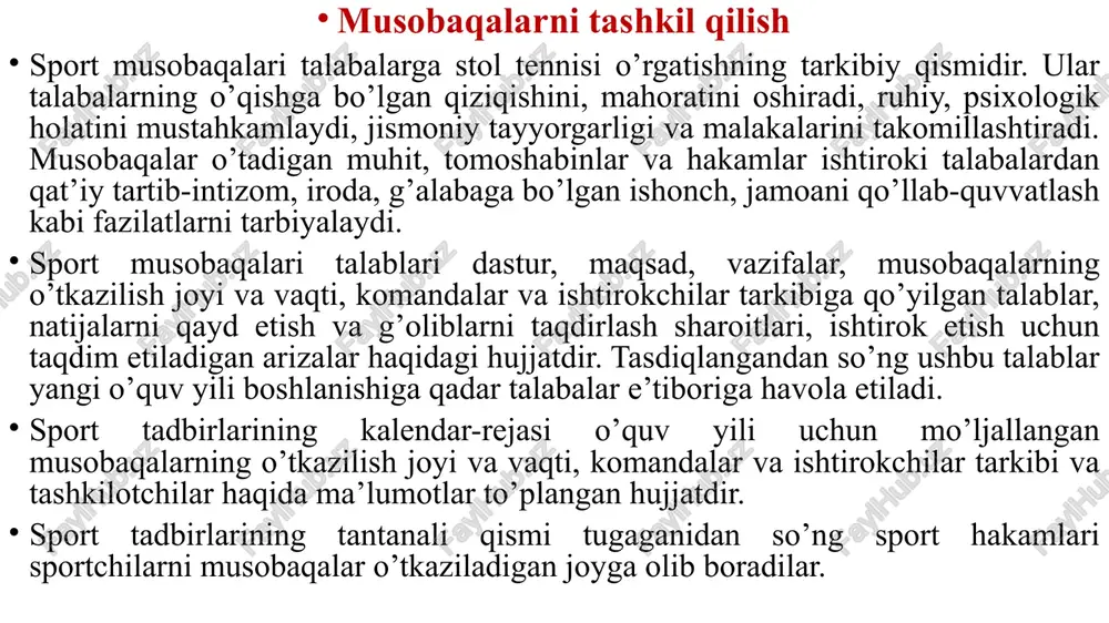 afovut bilan partiya yutilgan hisoblanadi. 10:10 hisobda (2001 yil 1 sentyabrgacha - 20:20 hisobda) koptok uzatishlar har ochkodan keyin almashiladi. har partiyadan keyin o’yinchilar tomonlarni va koptok uzatish navbatini almashtirishadi. o’yin 5 yoki 7 partiyadan iborat bo’ladi (2001 yil 1 sentyabrgacha – partiyalar soni 3 yoki 5 ta bo’lgan). musobaqalarni tashkil qilish musobaqalar natijalarini qayd etish sport tadbirlarining yakuniy bosqisidir. musobaqalar ta’sirchanligini oshirish, talabalar taassurotlarini kuchaytirish uchun tantanali yopilish marosimi o’tkazish maqsadga muvofiqdir. g’oliblarni taqdirlash har bir mashq turi bo’yicha o’tkazilgan musobaqalar so’ngida o’tkaziladi. buning uchun sekretariat natijalarni qayd etadi, g’oliblarni taqdirlash uchun medallar, jetonlar, faxriy yorliqlar va sovrinlarni tayyorlaydi. musobaqalar g’oliblarning tantanali paradi bilan yakunlanadi. musobaqa nizomi 1. musobaqa turi. 2. musobaqaning maqsad va vazifalari, 3. qatnashuvchi tashkilotlar va jamoalar, qatnashuvchilar (sport tasnifi, yoshi, jinsi, qaysi jamoadan ekanligi). 4. musobaqa o’tkazish joyi va vaqti. 5. musobaqaning ochilish marosimi. 6. musobaqa o’tkazish tartibi. 7. musobaqada ishtirok etish shatt-sharoitlari. 8. musobaqani …