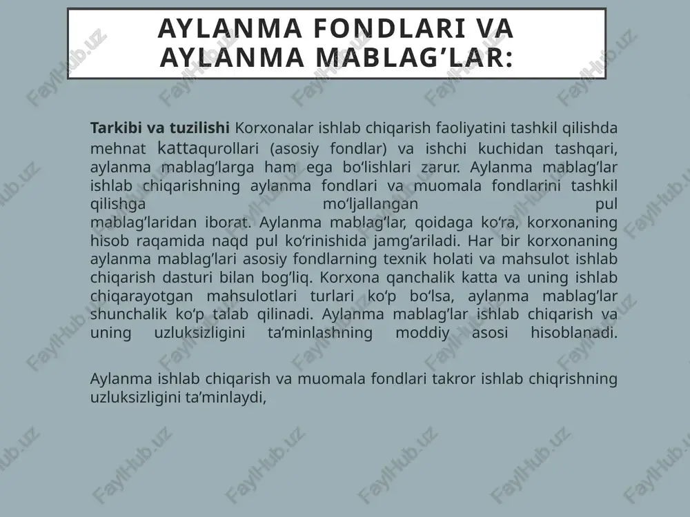 ning aylanma mablag’lari(kapitali)ni tashkil qiladi. ishlab chiqarishda band bo‘lgan aylanma mablag’lar kattaligini belgilovchi asosiy omillar ( bu, mahsulot tayyorlashning ishlab chiqarish tsikli o‘zunligi, mehnatni tashkil qilish, texnika va texnologiyaning rivojlanish darajasi, mehnat predmetlari va qurollaridan foydalanish normalaridir. aylanma mablag’lar kattaligi, shuningdek, mahsulotlarni sotish sharoitlari, ta’minot va mahsulotni sotish tizimini tashkil qilish darajasi bilan ham bog’liq bo‘ladi. 2. aylanma mablag’laridan oqilona foydalanish yuqorida keltirilgan holatlardan kelib chiqqan holda shuni aytish mumkinki, aylanma mablag’lardan quyidagi hollarda foydalaniladi: 1. xom ashyo, material, ehtiyot qismlar hamda ishlab chiqarishni tashkil qilishda zarur bo‘lgan boshqa mehnat predmetlari; 2. ishlab chiqarish jarayonida iste’mol qilinuvchi elektr energiyasi, yoqilg’i kabi resurslar uchun haq to‘lash; 3. korxonani tashkil etish va faoliyat yuritish davrida oylik ish haqi to‘lanishi; 4. soliq va boshqa majburiy to‘lovlarni to‘lash. bozor munosabatlari va deyarli barcha resurslar taqchilligi sharoitlarida aylanma mablag’lar, birinchi o‘rinda moddiy resurslardan ratsional foydalanish va ularni shakllantirish zahiralarini izlab topish har bir korxona oldida …