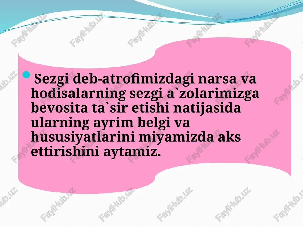 dagi narsa va hodisalarning xususiyatlarni aks ettirishga moslashgan hamda retseptorlari tananing sirtqi qismida joylashgan sezgilar ekstroreseptiv sezgilar tanamiz va gavdamizning holati hamda harakatlari haqida ma`lumot axborot,xabar beruvchi muskullarda bog`lovchi paylarda, mushaklarda joylashgan sezgilari proprioreseptiv sezgilar. 3 ichki tana a`zolari holatlarini aks ettiruvchi hamda retseptorlari joylashgan sezgilar interoreseptiv sezgilar 2 ko’rish sezgilari insonlar tomonidan rang va yoruqlikni sezish ko’rish sezgilari orqali amalga oshadi va seziladigan ranglar xromatik va axromatik turlarga bo’linadi. odam ko’zi ranglarning tahminan, 380 millimikrondan 780 millimikrongacha uzunligidagi to’lqinlarning ta’sirini sezadi 3 rangli sezgilar nazaryasining asosiy qoydalari: 1756 yilda m.v.lomonosov tomonidan bayon qilingan bo’lsa 1856 yildan keyin nemis fizigi g.gelmgols tomonidan uni to’la isbotlab berilgan. eshitish sezgilari tovushlarni eshitishdan iborat bulib musiqaviy va shovqunli tovushlarni aks ettiradi. odamning eshitish organi 1 sonyada 16 martadan 20000 martagacha tebranishli tovuyshlarni qabul qiladi. ta’m bilish sezgilari shirin, achchiq, nordon, sho’r singari mazzalarni his qilish bilan tavsiflanadi. ta’m bilish sezgilarining organi tilning yuzasi …