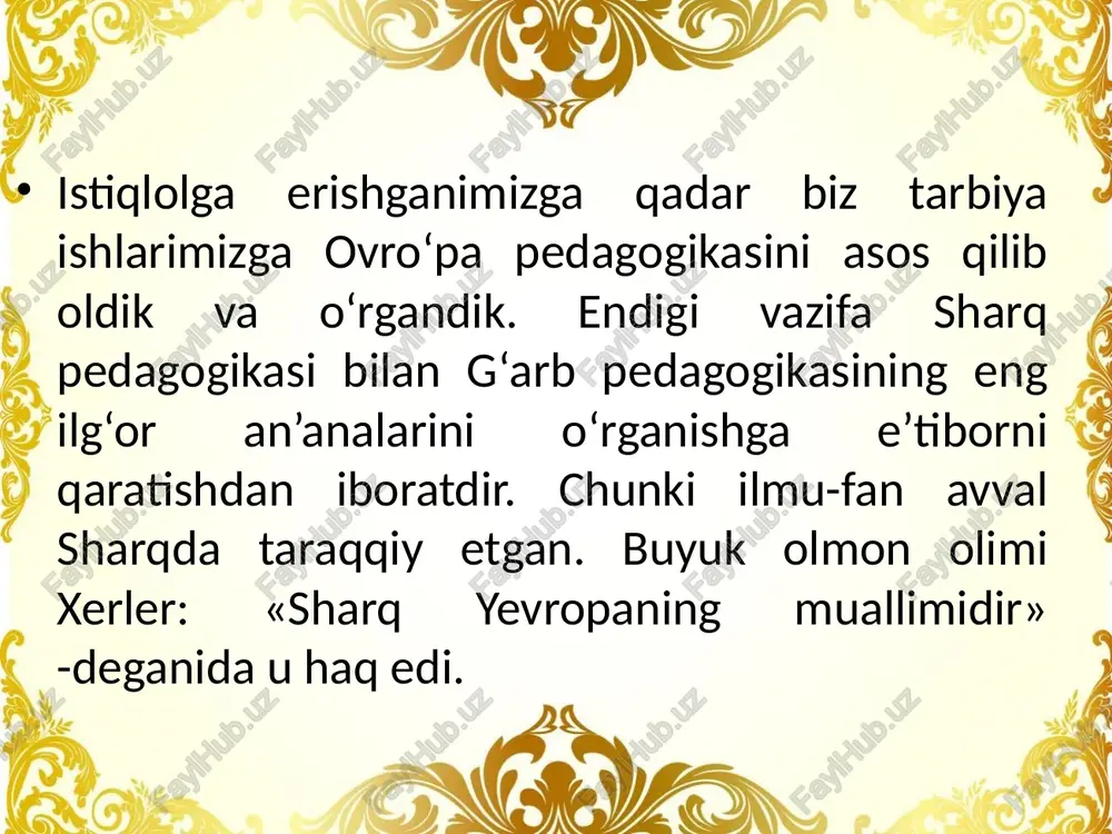 viy tarbiya orqali nasldan - naslga o‘tib mustahkamlanib bordi. jismoniy mehnat bilan shug‘ullanuvchi oddiy xalqdan ustun darajada turuvchi jangchilar va koxinlar guruhlari paydo bo‘la boshladi. koxinlar o‘zlari o‘rganib olgan boshlang‘ich ilmiy bilimlarni oddiy kishilardan yashirib, bolalariga o‘rgata bordilar va shu tariqa bunday bilimlar avloddan-avlodga o‘tadigan bo‘lib qoldi. markaziy osiyoning ibtidoiy jamoa tuzumi davrida vujudga kelgan madaniy-ma’rifiy fikr va g‘oyalarni, tarbiya masalalari bo‘yicha xalq, yaratgan juda ko‘p manbalarni o‘rganish nihoyasiga yetkazilmagan. hozir ularni mufassal o‘rganish uchun mustaqil respublikamizda keng imkoniyat yaratildi. bir qancha sharqshunos olimlarimiz hindiston, xitoy, angliya, farangiston va arab mamlakatlaridagi talaygina qo‘lyozmalarni o‘rganishga muyassar bo‘ldilar va hozir ham davom ettirmoqdalar. jumladan, t.n.qori niyoziy, x.sulaymon b.o.axmedov, s.g‘aniyeva, o.usmonov, n.mallayev, f.sulaymonova, m.xayrullayev, i.mo‘minov va boshqalarning bu sohadagi xizmatlari juda kattadir. markaziy osiyo xalqlarining, shu jumladan, o‘zbek xalqining madaniyati, ma’rifati, milliy qadriyati osori-atiqalarini o‘rganib, shular haqida o‘lmas asarlar yaratgan tarixshunos, sharqshunos olimlar - gerodot, xerman vamber, a.y.yakubovskiy, s.p.tolstov, ye.e.bertels, v.v.bartold, ye.berezikov va …