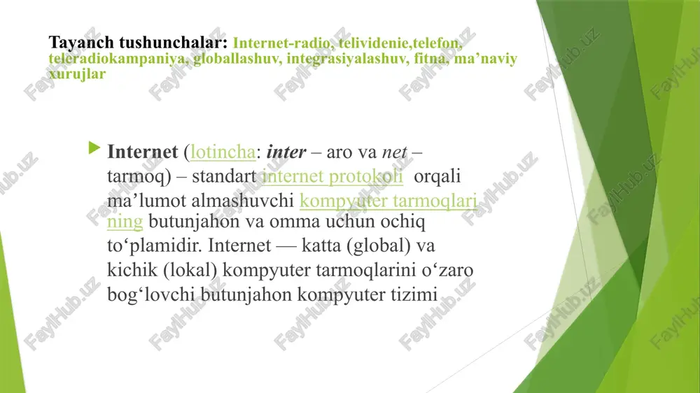 hda kundalik turmush, madaniyat va boshqa sohalarga mo’ljallangan texnik vositalarning o’zgarishi ro’y berdi. lokal va global kompyuter tarmoqlari ishlatila boshlandi. . davlatimiz rahbari tashabbusi bilan axborot texnologiyalari va kommunikatsiyalarini rivojlantirish vazirligi hamda birlashgan arab amirliklarining “dubai future foundation” jamg’armasi tomonidan amalga oshirilayotgan “bir million dasturchi” loyihasi yoshlarning axborot texnologiyalariga qiziqishini rag'batlantirishda muhim strategik qadam bo'ldi. o'tgan yili loyihaga 120 mingdan ziyod o'quvchi qamrab olindi. ularning 18 mingdan ortig'i kurslarni muvaffaqiyatli tugatib, sertifikat oldi. loyiha doirasida eng ko'p tahsil oluvchilar navoiy viloyati (36,6 ming), qoraqalpog'iston respublikasi (27,6 ming) va toshkent shahri (24,5 ming) hissasiga to'g'ri keladi. sirdaryo (4,3 ming) va jizzax (5,9 ming) viloyatlari esa, quyi pog'onalardan o'rin olgan. bu yil “bir million dasturchi” loyihasi doirasida bitiruvchilar salmog'i bo'yicha yuqori natija ko'rsatgan karmana tumanidagi 2-maktab va qo'ng'irot tumanidagi 39-maktab o'zbekiston respublikasi prezidenti sovg'asi — “spark” avtomashinasi bilan taqdirlandi. «ommaviy madaniyat» tub mohiyatiga ko‘ra milliy madaniyatlarning kushandasidir. «ommaviy madaniyat» targ‘iboti eng avvalo …