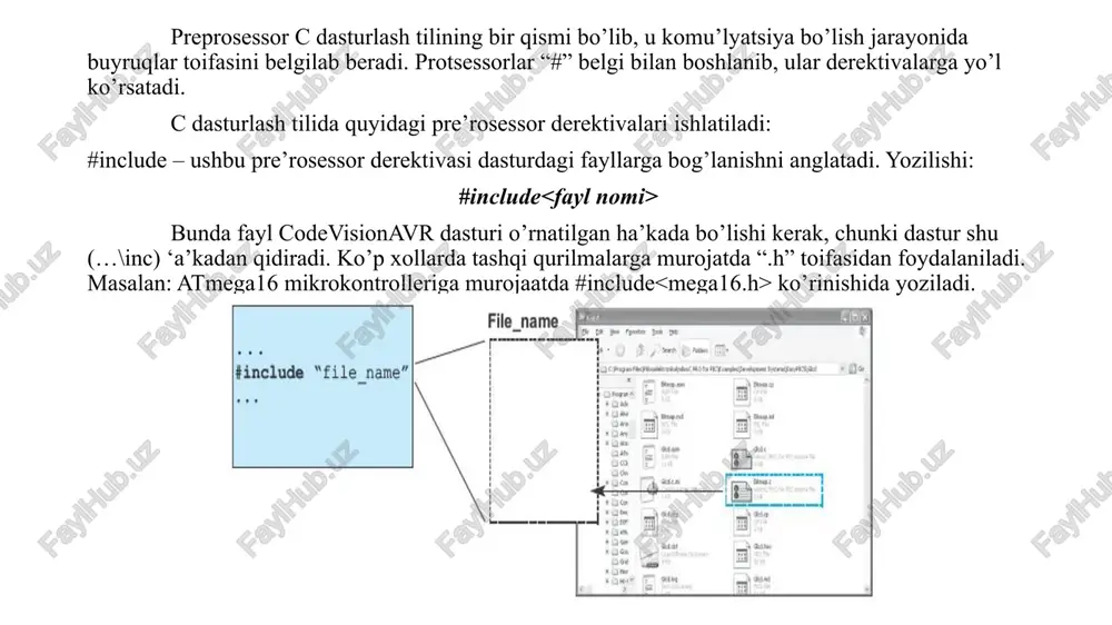 ilan dublikasiyalanmasligi lozim. o’zgaruvchilarning nomlanishi 33 ta belgidan oshmasligi kerak. ma’lumotlar toifasining o’sish tartibi: maxsus kalit so’zlar – c dasturlash tilida maxsus buyruqni yoki ma’noni anglatuvchi so’z yoki so’z birikmasidir. ular: har qanday o’zgaruvchi dastur boshida e’lon qilinishi zarur va ular ram xotirasidan joy egallaydi. konstantalar – dastur davomida o’zgarmaydigan o’zgaruvchilar xisoblanib, e’lon qilinishda “const” kalit so’zi orqali e’lon qilinadi. integer konstantalarga qiymat berish shakli: misol: float konstantalariga qiymat berish: bunda o’nli tizimdan foydalaniladi. belgili konstantalarni e’lin qilish: bunda qiymat simvoli o’strif (‘ ‘) ichiga olinib yoziladi. qator konstantalarni e’lin qilish: bunda qiymat qo’shtirnoq (“ ”) ichiga olinib yoziladi. ko’p qiymatli konstantalar: operator va ifodalar c dasturlash tilida operatorlar arifmetik, mantiqiy va boshqa turlarga bo’linadi. umumiy olib qaraganda 40 dan ortiq operator bo’lib, ularning 10-15 tasinigina amalyotda qo’llaniladi. arifmetik operatorlar: bundan tashqari birikmali operatorlar ham bor: inkrement va deskrement operatorlari: solishtirish operatorlari: ikki yoki undan ortiq o’zgaruvchilarning ma’lum mantiqiy amal …