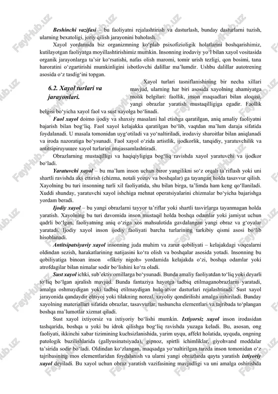 evosita amaliy harakatlarning aralashuvisiz masalalarni hal etish imkonini yaratuvchi ko‘rgazmali-obrazli tafakkurning asosi bo‘lib xizmat qiladi. xayol obrazlari faqat insonda mavjud bo‘lgan real olam obrazlarining alohida tomonlarini qayta ishlab chiqish yo‘li bilan yaratiladi. xayol doimo insonning amaliy faoliyatiga yo‘naltirilgan bo‘ladi. inson biror harakatni amalga oshirishdan avval, uni qanday bajarish zarurligi va uni qanday bajarishini tasavvur qiladi. shunday qilib, u avvaldan keyinchalik sodir bo‘ladigan amaliy faoliyatda ishlab chiqariladigan moddiy jism obrazini yaratadi. xayol faoliyati inson hissiy kechinmalari va uning iroda harakatlarini tadbiq etish bilan uzviy holda bog‘langan. xayolning fiziologik asosi nerv aloqalarini dolzarblashtirish, ularning emirilishi, qayta guruhlarga qo‘shilib, yangi tizimlarga birlashishi, o‘tmish tajribada shakllanib bo‘lgan vaqtinchalik aloqalar yangi uyg‘unliklarining hosil bo‘lishidan iborat. bunda mavjud bo‘lgan vaqtinchalik aloqalarning oddiy holda dolzarblashtirilish yangilikning yaratilishiga olib bormaydi. yangilikning yaratilishi avval bir-biri bilan uyg‘unlashmagan vaqtinchalik nerv aloqalaridan hosil bo‘lgan uyg‘unlikni taqazo etadi. xayol jarayoni ikkila xabarlovchi tizimlarning hamkorlikdagi faoliyatidan iborat. bunda ikkinchi xabar tizimi – so‘z …
