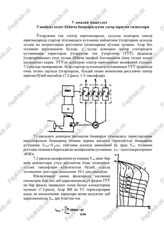aza boshqarish tizimi to' ifbt-dan printsipial farq qilmaydi, ishlash printsipi vertikal printsipga asoslangak. blok sxemasi xuddi 7.5-rasmda ko'rsatilgan tayanch kuchlanshsh generatori tkgdan, faza siljitish qurilmasi fskdan hamda impuls generatori igdan iboratdir. 7.2-rasmda berilgan to'o' ishchi sxemalaridagi tiristorlarning tartib sonlari taristorlar ishlashining ketma-ketligini anqlatab, gi ning uch fazali ko'prik sxemali tug'rilagich uchun mo'ljallangan tiristorlarni boshqarish uchun ishlab chiqarilayotgan impulslarning tarqalish diagrammasi ham to'o' ishchi tiristor-larini boshqarishga mos keladi. asinxron motor uchun φ o'zgaruvchan ko'rsatkich bo'lib, odatda φmin =20-30° dan " φmin =900 gacha o'zgarishi mumkin, αmin =φ bo'lgani uchun boshqaruv burchagi yuklagich toki fazasi siljishining funktsiyasi bo'lib o'zgaradi, bu esa albatga, ifbtni murakkablashtirishga olib keladi. agar αmin ni o'zgarmas qiymat dsb qarasak va αmin= φmin bo'lsa, unda φ>φ qiymatlarida impulslarning kengligi φ- αmin bo'lib, to'o'da bir yarim davrli ish rejim vujudga keladi. haqiqatda λ>π bo'lib, vi tiristordan tokning o'tish vaqti yarim davrdan ko'pdir (7.4-rasm). αmin + π ga teng vaqtda v2 …