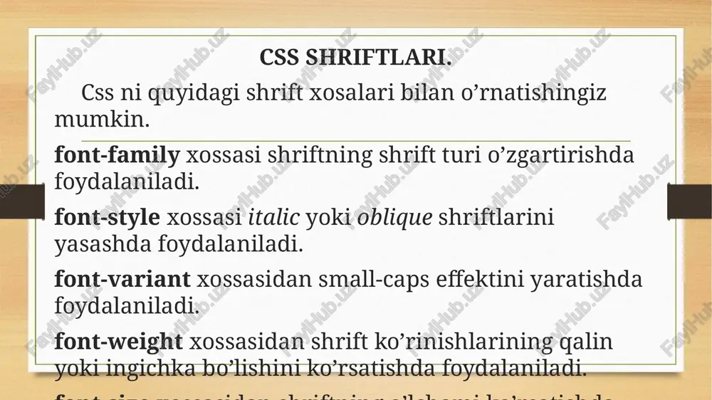 chegara rangini o’zgartiradi. border-right-color o’ng tomondagi chegara rangini o’zgartiradi. border-width xossasi chegaraning kengligini aniqlaydi. border-style chegarani mustaqil aniqlaydi bular solid, dashed, line, double line, yoki boshqa mumkin bo’lgan qiymatlardan biri bo’lishi mumkin. siz bottom, top, left, right tomonlarning har birining stilini alohida-alohida o’rnatishingiz mumkin. bunda quyidagi xossalardan foydalaniladi. border-bottom-style chegaraning pastki qismi stilini o’zgartiradi border-top-style chegaraning ustki qismi stilini o’zgartiradi border-left-style chegaraning chap qismi stilini o’zgartiradi border-right-style chegaraning o’ng qismi stilini o’zgartiradi image5.png image6.png image3.png image4.png /docprops/thumbnail.jpeg