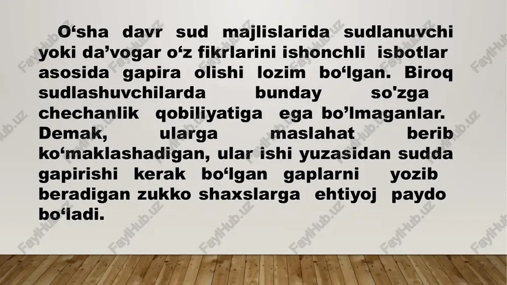 ing asosiy fikmi ifoda etishga qaratilishi, ravon va tinglovchi tushunadigan darajada sodda bo‘lishini talab etadi. u notiqning hissiyot bilan so'zlashi mulohaza yuritayotgan fikrning tinglovchi qalbiga tez yetishida muhim omil bo‘lishini alohida uqtiradi. aristotelning saqlanib qolgan asarlarini u taklif etgan fanlarning tasnifiga ko'ra to'rtta asosiy guruhga ajratish mumkin: organon kodini tuzgan mantiq ustida ishlaydi (kategoriya materiallari, sharhlar, birinchi va ikkinchi tahlillar, topeka); "metafizika" deb nomlangan hayotning boshlanishlari bo'yicha birlashtirilgan ish; 3. tabiiy fanlar bo'yicha ishlar ("fizika", "osmon", "meteorologiya", "kelib chiqishi va yo'q qilinishi to'g'risida", "hayvonlar tarixi", "hayvonlarning qismlari to'g'risida", "hayvonlarning kelib chiqishi to'g'risida", "hayvonlarning harakati to'g'risida"); 4. jamiyat, davlat, huquq, tarixiy, siyosiy, axloqiy, estetik muammolar ko'rib chiqiladigan asarlar ("etika", "siyosat", "afina siyosati", "poetika", "ritorika"). demosfen (eramizdan awalgi 384—323-yillar) umrini ona-vatanining gullab-yashnashiga bag'ishlagan davlat arbobi, mashhur notiq demosfen eramizdan oldingi 384-yili afinada o ‘ziga to ‘q oilada dunyoga keldi. otasining ismi ham demosfen bo‘lib, qurol-yaroq ustaxonasining egasi edi. bo'lajak notiq 5 yoshga …
