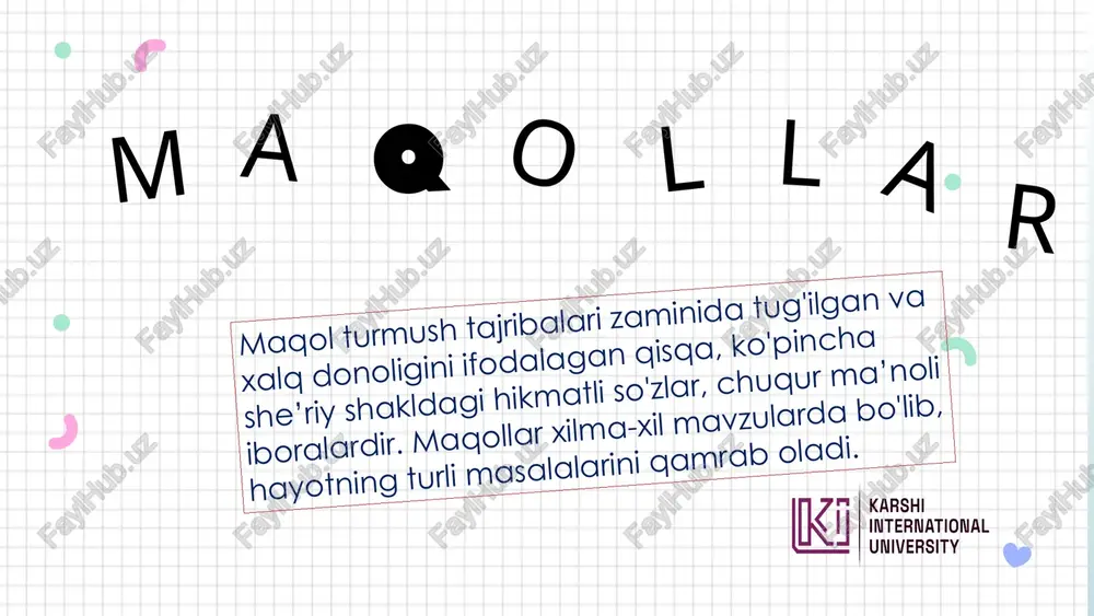 , quyonni – uzunquloq, itni – shalpangquloq, ko‘zni – darcha, bug‘doyni – qizil deb atalashidagi sirlilik topishmoqlar turlari. 1 bir predmetli topishmoqlar “bossang, vaqillaydi” 2 ikki predmetli topishmoqlar tog‘da talaymonni ko‘rdim, suvda sulaymonni ko‘rdim. tuzsiz pishgan oshni ko‘rdim, yumalab yotgan toshni ko‘rdim,- 13 topishmoqlar yozma badiiy adabiyotga ham samarali ta’sir ko‘rsatib, mumtoz she’riyatda lug‘z, chiston, muammo, ta’rix va muvashshah singari janrlarning yuzaga kelishiga ta’sir ko‘rsatgan bo‘lsa, xx asrda o‘zbek bolalar she’riyatida adabiy topishmoqlar yozishning an’anaviy tus olishini ta’minladi. bu sohada jahon otin uvaysiy, g‘afur g‘ulom singari zabardast shoirlar boshlagan an’anani shukur sa’dulla, ilyos muslim, adham rahmat, po‘lat mo‘min, safar barnoyev, tursunboy adashboyev, rauf tolib va s.g‘afurov singari bolalar adabiyotining turli avlodiga mansub ijodkorlar davom ettirmoqdalar. “masal” arabcha so‘z bo‘lib, “namuna, misol” ma’nosini bildiradi. masal xalq og‘zaki ijodida ham she’riy, ham nasriy yo‘lda yozilgan, asosini majoziy va ramziy obrazlarning faol harakati tashkil etgan, ta’limiy mazmundagi satirik va yumoristik tanqid ruhida bayon …