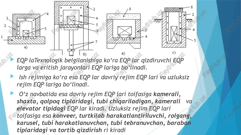 sh va rafinatsiya qilish uchun sarflanadi 4.6 –rasmda sxema bosh zanjir va yordamchi zanjirlardan (boshqarish, o‘lchov asboblari, himoya qilish va avtomatika zanjiri) iborat. bosh zanjir birlamchi va ikkilamchi zanjirlardan iborat bo‘lib, birlamchi zanjirni o‘zaro ketma-ket ulangan o‘tkazgichlar, yuqori kuchlanish apparatlari, drossel va pech transformatorlarining birlamchi chulg‘ami tashkil qiladi. ikkilamchi zanjirni esa o‘zaro ketma-ket ulangan pech transformatorining ikkilamchi cho‘lg‘ami, qisqa tarmoq o‘tkazgichlari, elektrodlar va elektr yoyi tashkil etadi. bunda pech transformatorining ikkilamchi cho‘lg‘amidan elektrod-largacha bo‘lgan o‘tkazgichlar qisqa tarmoqni tashkil etadi. 4.6 -rasmda keltirilgan belgilanishlar, bular, 1 - yuqori kuchlanish shinalari; 2 - raz’edinitel (ajratgich); 3 – viklyuchatellar(ulab-uzgichlar); 4 - reaktor; 5 - pech transformatori (kuchlanishi 6,10,35 kv va quvvati katta pechlar uchun 110 kv ); 6 - qisqa tarmoq (tok qiymati 110 ka va undan yuqori); 7 - peyop 4.6– rasm. peyop ning elektr ta’minoti bosh zanjirining sxemasi peyop larining asosiy ko‘rsatkichlarini quyidagi misolda ko‘ramiz: - pechni tipi - ds - …