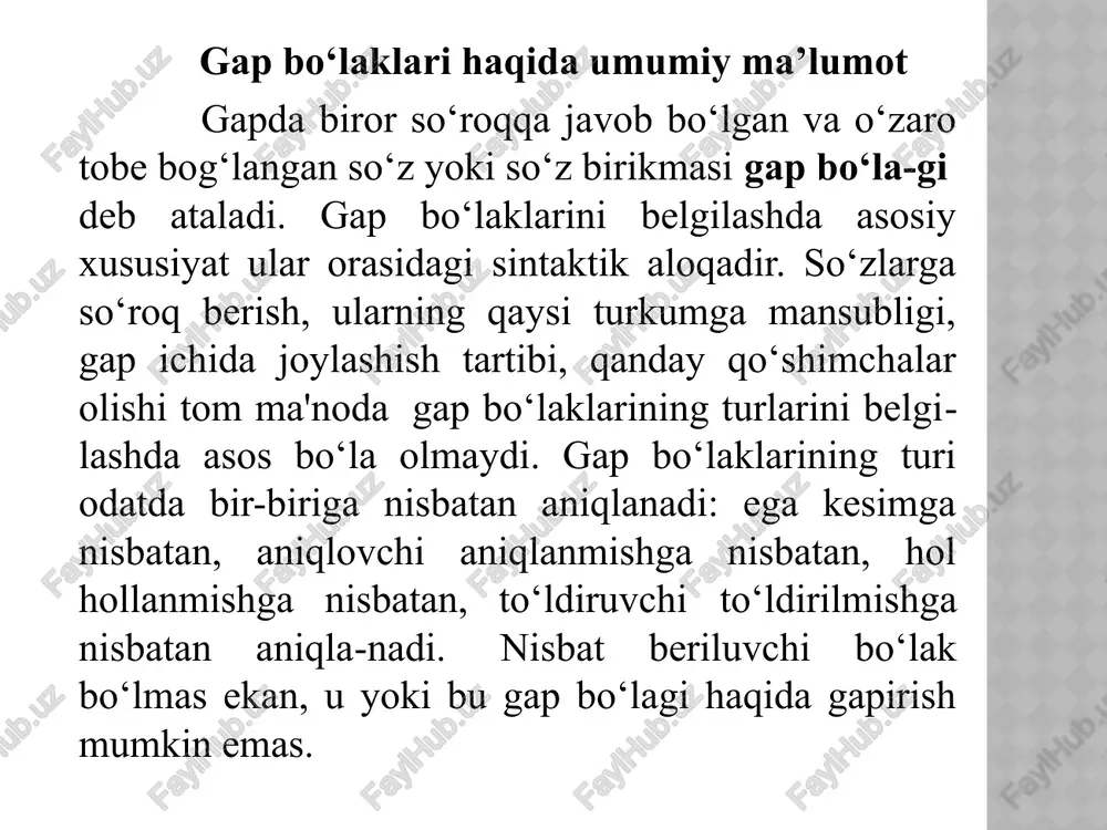 sida keladi: ikkovi ham bir-biriga juda o‘xshash...(p.q.). tarbiya axloq va oqillikka tayanmog‘i lozim. birinchisi yaxshi fazilatni o‘stirsa, ikkinchisi ba’zilarning illatidan himoya qiladi. (“oz-oz o‘rganib dono bo‘lur”). eganing otlashgan sifatdosh bilan ifodala-nishi. bosh kelishikdagi otlashgan sifatdosh ega vazifasini bajaradi: ishlagan xor bo‘lmas (maqol). qimirlagan qir oshar (maqol). birlashgan daryo bo‘lar, tarqalgan irmoq bo‘lar (maqol). eganing otlashgan ravish bilan ifodala-nishi. ravish otlashganda, gapda ega bo‘lib kelishi mumkin: ko‘p so‘zning ozi yaxshi, oz so‘zning o‘zi yaxshi (maqol). o‘qishning erta-kechi bo‘lmas (maqol). eganing otlashgan taqlid so‘z bilan ifodalanishi. taqlid so‘zlar otlashib ega vazifasini bajaradi:bu shovqinlarni karnayning vat-vati bosib ketadi (s.a.). eganing otlashgan undov so‘z bilan ifoda-lanishi. ega vazifasida otlashgan undov so‘z kelishi mumkin: yer kurrasida qadim-qadim zamonlardan yangragan musiqiy ”qur-ey!” bunday keyin ham tinmaydi (s.nurov). eganing otlashgan modal so‘z bilan ifodalanishi. otlashgan modal so‘z ega vazifasini bajarishi mumkin: bor so‘ylaydi, yo‘q o‘ylaydi (maqol). kesimning ifodalanishi va turlari kesimning ifodalanishi kesimning turlari fe’l sifat ot …