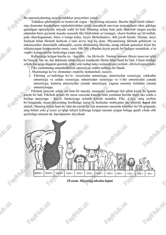 b, izxor qilishimizga aloqador bilish jarayoni psixologiyada tafakkur, fikrlash deb ataladi. tafakkur - inson ongining bilish obyektlari hisoblanmish narsa va hodisalar o’rtasida murakkab, har tomonlama aloqalarning bo’lishini ta’minlovchi umumlashgan va mavxumlashgan aks ettirish shaklidir. tafakkur muammolari uzoq vaqtgacha o’zining murakkabligi bilan psixologlar nazaridan chetda bo’lgan, u asosan faylasuflar va mantiqshunoslar fikr yuritadigan masala hisoblangan. psixologiya ilmining otaxoni hisoblanmish nemis olimi vilgelm vundt ham psixologiyani ikkiga bo’lib - fiziologik psixologiya (eksperimental yo’l bilan bilish jarayonlarini o’rganuvchi fan) va halklar psixologiyasi kismlariga bo’lib, oxirgi psixologiyaning tarkibiga nutq va tafakkur psixologiyasini ham kiritgan va uni eksperimental tarzda o’rganib bo’lmaydi, ularni tushuntirish mumkin xolos deb hisoblagan. bu xulosalar aslida tafakkur va fikrlash jarayonlarining naqadar murakkab tabiatga ega ekanligidan dalolat beradi. lekin shunday bo’lsa ham shuni ta’qildash joizki, birinchidan, tafakkur va fikrlash jarayonlari - bu bilish jarayonlari; 1. ikkinchidan, ular ham shaxs tomonidan borliqni aks ettirish shakli, umumlashtirib, bilvosita aks ettirish shakli; 1. uchinchidan, bu …
