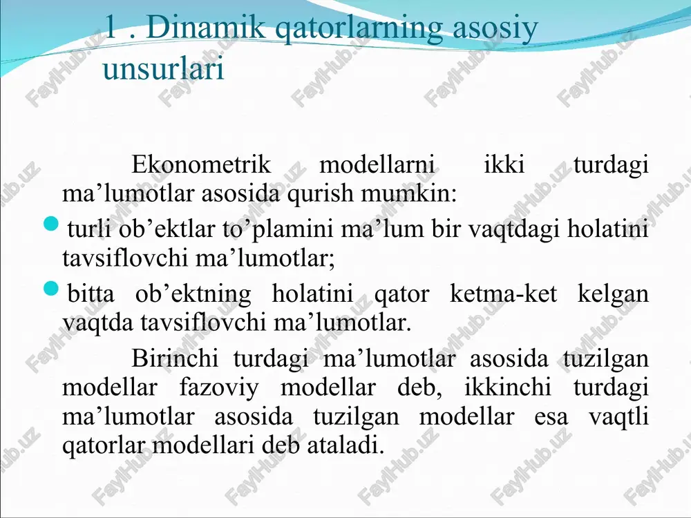 qiymatlarining taxminan teng bo’lishi quyidagi xulosani keltirib chiqaradi: agar qator chiziqli bo’lmagan tendentsiyaga ega bo’lsa, demak u aniq bo’lmagan shaklda ifodalangan. shuning uchun qatorning tendentsiyasini modellashtirish uchun ham chiziqli, ham chiziqli bo’lmagan funktsiyalardan foydalanish mumkin, masalan darajali yoki eksponentsial trendlardan. “n”-yilning 10 oyi nominal ish haqining “n-1”- yilning dekabr oyi darajasiga nisbatan foiz hisobida o’sish sur’ati davriy qatori uchun trendlar tenglamalari trend turi tenglama chiziqli 0,887 0,873 ikkinchi tartibli parabola 0,937 0,920 darajali 0,939** 0,931** eksponentsial 0,872** 0,856** giperbola ko’rinishida 0,758 0,728 *qavs ichida regressiya koeffitsientining standart hatoliklari ko’rsatilgan ** determinatsiya koeffitsientlari chiziqli holga keltirilgan regressiya tenglamalari asosida hisoblangan n”- yilning 10 oyi nominal ish haqining o’sish sur’ati dinamikasi 1-rasmdagi grafikdan o’suvchi trend borligini ko’rish mumkin. chiziqli trend ham bo’lishi mumkin. keyingi tahlillar uchun qatorning darajalari va ularning logarifmlari bo’yicha avtokorrelyatsiya koeffitsientlarini aniqlaymiz (2-jadval). 3. mavsumiy va tsiklik tebranishlarni modellashtirish mavsumiy yoki tsiklik tebranishga ega bo’lgan vaqtli qatorlar strukturasini tahlil …