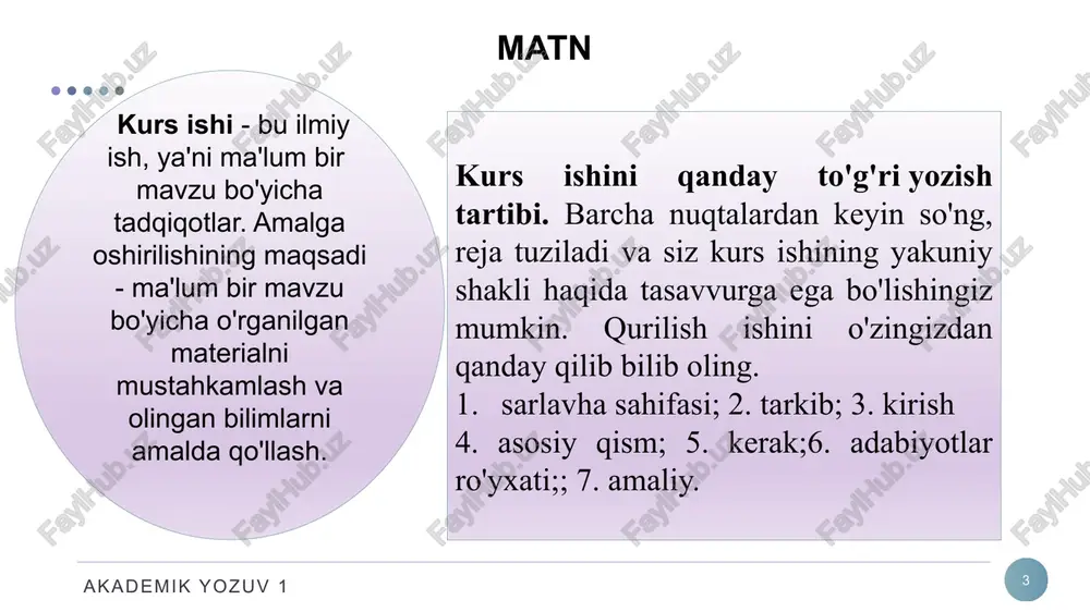 hlab raqamlanishi kerak. sahifa raqamlari yuqori o'ng burchakda; akademik yozuv 1 9 kurs ishini qanday yozish kerak: misol vazifingizni soddalashtirish uchun biz o'z maqsadingizni shakllantirish osonroq bo'lishini osonlashishi mumkin bo'lgan misollar keltirdik. 1-misol. kurs mavzusi: "internetning o'ziga xos xususiyati". keyin maqsad quyidagicha tuyulishi mumkin: "" internet "tushunchasining tavsifi va global tarmog'i tamoyillarining tahlili." 2-misol. iqtisodiyot kursining mavzusi: "iqtisodiy beqarorlik sharoitida inflyatsiya davri". shunga ko'ra, maqsad quyidagicha bo'lishi mumkin: "inflyatsiyani o'rganish va beqarorlik paytida ijtimoiy-iqtisodiy jarayon sifatida ko'rib chiqish." 3-misol. psixologiya kursi: "maktabgacha yoshdagi bolalarning psixologik rivojlanishi". maqsad shu tarzda shakllantiriladi: "maktabgacha tarbiyachilarning psixo-emotsional rivojlanishiga turli omillarning ta'sirini hisobga olish". akademik yozuv 1 10 tarjimai hol tarjimai hol biror shaxsning hayoti va faoliyatining bayonidir. u muqim shaklga ega, qisqa va to’liq bo’lishi mumkin. erkin yozilishiga qaramay muhim belgilarga ega. 1.hujjat nomi 2.matn - muallif ismi-sharifi - faxriy yorliq va unvonlari - tug’ilgan joy va sana ijtimoiy ishlarda qatnashganligi - ota-ona haqida …