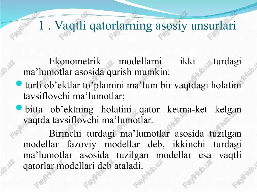 ulosani keltirib chiqaradi: agar qator chiziqli bo’lmagan tendentsiyaga ega bo’lsa, demak u aniq bo’lmagan shaklda ifodalangan. shuning uchun qatorning tendentsiyasini modellashtirish uchun ham chiziqli, ham chiziqli bo’lmagan funktsiyalardan foydalanish mumkin, masalan darajali yoki eksponentsial trendlardan. “n”-yilning 10 oyi nominal ish haqining “n-1”- yilning dekabr oyi darajasiga nisbatan foiz hisobida o’sish sur’ati davriy qatori uchun trendlar tenglamalari trend turi tenglama chiziqli 0,887 0,873 ikkinchi tartibli parabola 0,937 0,920 darajali 0,939** 0,931** eksponentsial 0,872** 0,856** giperbola ko’rinishida 0,758 0,728 *qavs ichida regressiya koeffitsientining standart hatoliklari ko’rsatilgan ** determinatsiya koeffitsientlari chiziqli holga keltirilgan regressiya tenglamalari asosida hisoblangan n”- yilning 10 oyi nominal ish haqining o’sish sur’ati dinamikasi 1-rasmdagi grafikdan o’suvchi trend borligini ko’rish mumkin. chiziqli trend ham bo’lishi mumkin. keyingi tahlillar uchun qatorning darajalari va ularning logarifmlari bo’yicha avtokorrelyatsiya koeffitsientlarini aniqlaymiz (2-jadval). 3. mavsumiy va tsiklik tebranishlarni modellashtirish mavsumiy yoki tsiklik tebranishga ega bo’lgan vaqtli qatorlar strukturasini tahlil qilishga bir qancha yondoshuvlar mavjud. …