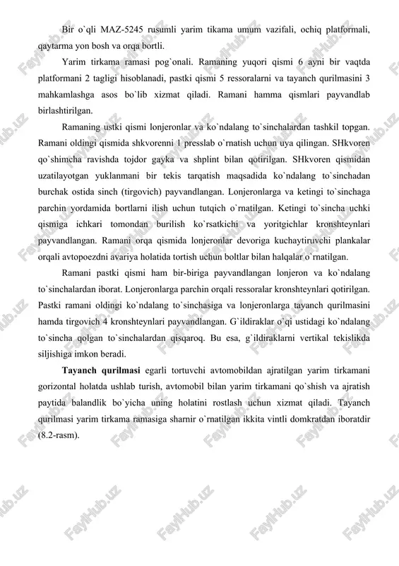 in. suriluvchi ustunni chekka holatlari vintni 9 yuqori belbog`i va cheklagich 8 bilan qayd qilinadi. konussimon shesternya 3 tekis qirrali qismiga o`rnatiladigan dastak yordamida podshipniklarda 2 aylanadi. yarim tirkamani ikki tomoniga o`rnatiladigan vintli domkratlar, korpusni 1 yuqori qismi bilan rama kronshteyniga o`qlar yordamida o`rnatiladi. ish holatida domkratlar ko`ndalang va bo`ylama tirgovichlar 4 bilan qayd qilinadi. tirgovichlar bir tomondan domkrat zo`g`otasiga (proushina), ikki tomondan shtir yordamida rama kronshteyniga ulangan. domkratlarni transport holatiga o`tkazish uchun bo`ylama tirgovichni ramaga ulovchi shtirlarini chiqarib, domkratlarni yuqoriga zo`g`otalar teshigi kronshteyn teshigi bilan to`g`ri kelgunga qadar ko`tariladi va teshiklarga shtirlar kirgiziladi. ikki o`qli yarim tirkamalar eng ko`p tarqalgan. 8.3–rasmda yarimtirkamalarning mumkin bo`lgan komponovka sxemalari keltirilgan. 8.3-rasm. yarim tirkamalarning komponovka sxemalari. a-ikki o`qli; b-uch o`qli. ikki o`qli burilmaydigan aravali, o`qlari yaqinlashtirilgan 1-sxema eng ko`p qo`llaniladi. bu sxema bo`yicha kaz-717, odaz-9370, maz-5205a, maz-9397, maz-9398 yarim tirkamalar ishlab chiqilgan. birinchi sxemani o`qlari ikki tomonga surilgan konstruktiv varianti bitta o`qqa tushadigan …