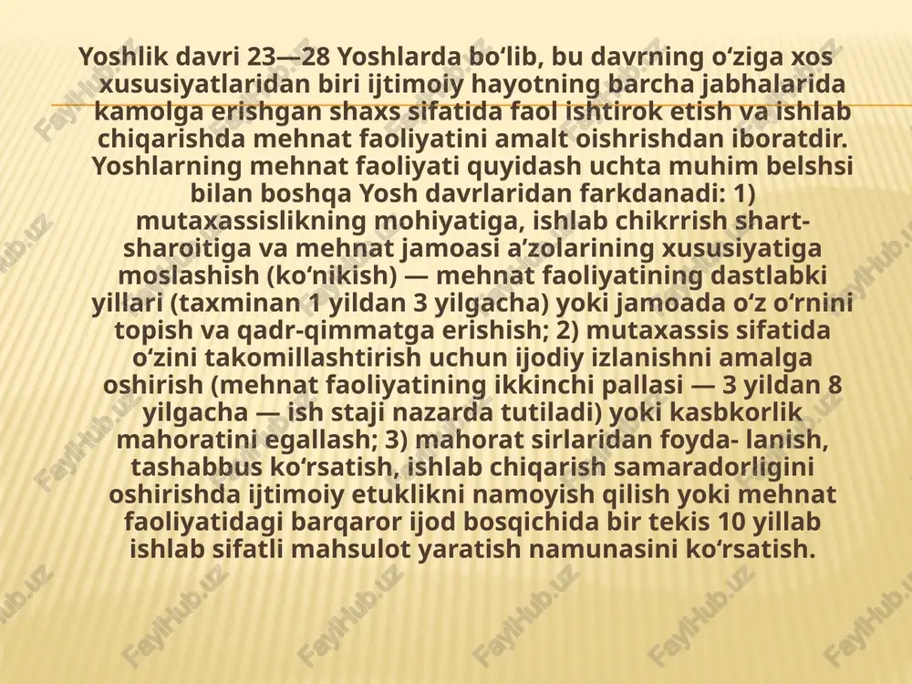 obrazlari (yoshlik tuyg‘usi, kayfiyati, orzusi, xom xayoli) saqlanib qolaveradi. etuklik davri 36—55 (60) yoshlardaga erkak va ayollarni o‘z ichiga oladi. mazkur davrda ijodiy faoliyatni qaytadan baholashda o‘z ifodasini topuvchi yangi xislat namoyon bo‘ladi. ular shu kungacha mehnat faoliyatida miqdor ketidan quvib yurgan bo‘lsalar, endi mehnat mahsulining sifati ustida bosh qotira boshlaydilar. oilaviy turmushga, ijtimoiy hayotga, yashashning maqsadiga, inson qadr-qimmatiga, tevarak-atrofga, o‘zlariga va boshqa odamlarga yansh mezon bilan qaray boshlaydilar. turmushning ikir-chikirlari, ijtimoiy hodisalarga vazmin, sabr-toqat bilan hayot tajribasiga suyangan holda munosabatda bo‘ladilar, har bir narsaning nozik tomoni yoki yomon oqibati haqida o‘z fikrlarini bildiradilar. hayotda qo‘ldan boy bergan imkoniyatlari, xato va kamchiliklari ularda etti o‘lchab, bir kes qabilida ish tutish tuyg‘usini vujudga keltiradi. shuning uchun ular umrning biror daqiqasi behuda o‘tishiga achinadilar, yoshlik yillarida yo‘qotganlarini aqya-zakovat, donishmandlik bilan to‘ldirishga intiladilar. keksayish davriga 61(56)—74 yoshli erkak va ayollar kiradilar. bu davrdagi kishilar xilma-xil xususiyatlari, shaxslararo munosabatlari bilan boshqa yosh davrlardagilardan ajralib …