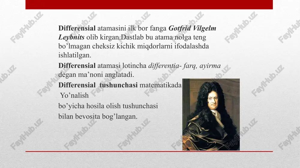 asi x=0 bo‘lgan nuqtada o‘tkazilgan urinmaning burchakkoeffitsientini topamiz: y’=cosx, demak f’(0)=cos0=1, burchak koeffitsienti tg=1, bundan izlanayotgan burchak /4 ga teng. 20.04.2016 funksiyaning differensiali 1. yig‘indining hosilasi. 1-teorema. agar u(x) va v(x) funksiyalarning x(a,b) nuqtada hosilalari mavjud bo‘lsa, u holda f(x)=u(x)+v(x) funksiyaning ham x nuqtada hosilasi mavjud va f’(x)=u’(x)+v’(x) tenglik o‘rinli bo‘ladi. 2.ko‘paytmaning hosilasi. 2-teorema. agar u(x) va v(x) funksiyalar x(a,b) nuqtada hosilaga ega bo‘lsa, u holda ularning f(x)=u(x)v(x) ko‘paytmasi ham x(a,b) nuqtada hosilaga ega va f’(x)=u’(x)v(x)+u(x)v’(x) tenglik o‘rinli bo‘ladi. yig‘indi, ko‘paytma, bo‘linma, teskari funksiyaning hosilasi. 3. bo‘linmaning hosilasi. 3-teorema. agar u(x) va v(x) funksiyalar x(a,b) nuqtada hosilaga ega, v(x)0 bo‘lsa, u holda ularning f(x)=u(x)/v(x) bo‘linmasi x(a,b) nuqtada hosilaga ega va f’(x)= formula o‘rinli bo‘ladi. teskari funksiyaning hosilasi. faraz qilaylik y=f(x) funksiya [a;b] kesmada monoton o‘suvchi, (a;b) intervalda y’=f’(x) hosilaga ega va x(a,b) uchun f’(x)0 bo‘lsin. quyidagi belgilashlarni kiritamiz: f(a)=, f(b)=. u holda y=f(x) funksiya uchun teskari funksiyaning mavjudligi va uzluksizligi …