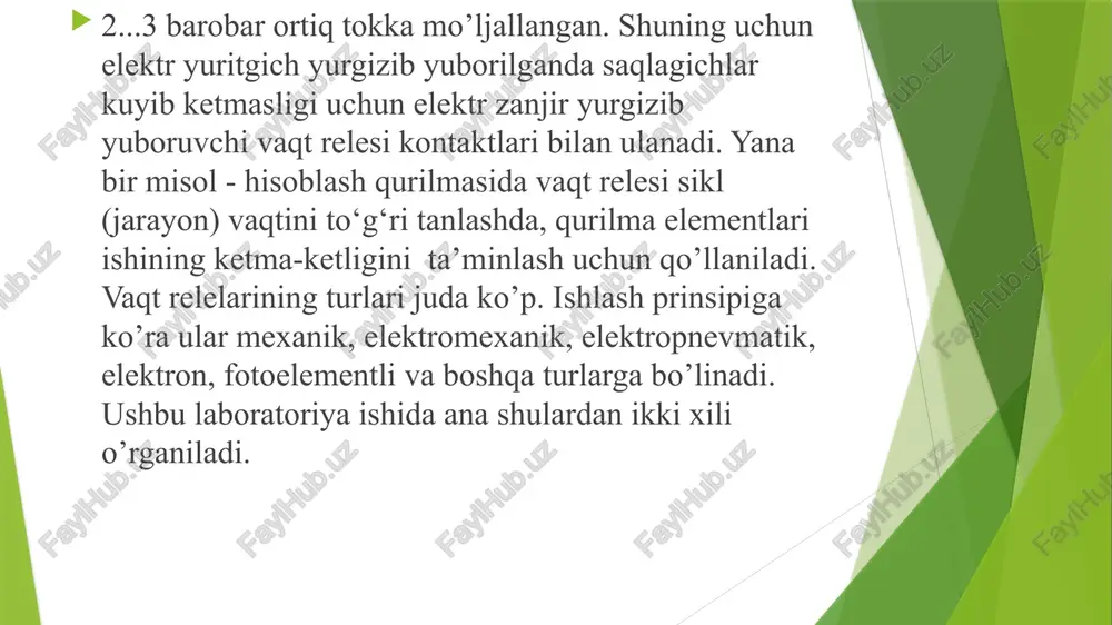 shlov beriladi. 2-chizma. stendning printsipial sxemasi qo‘shib uzgich s1 yordamida sxemaning ishlashi sxemaga kuchlanish manbaiga ulanganda vaqt relesi g‘altagi orqali tok o‘tadi. o‘rnatilgan vaqt o‘tgach programmali vaqt relesi rp1-1 rele tarmogidagi rp1-1 kontaktlarini yopadi. rp1 - o‘zining rp1-1 kontaktlari bilan shartli texnomantiqiy jarayonni ishga tushiradi, bunda l1 - lampa yonadi. o‘rnatilgan vaqt o‘tgach programmali vaqt relesi rp1-2 kontaktlarini yopadi va rp2 - relega kuchlanish ulaydi. rp2 - rele o‘z navbatida rp2 -1 kontaktlari bilan sxemada keyingi tarmoqlarni ishga tushiradi, toki idagi rp1-1 kontaktlarini yopadi rp3 -1 relesi va l3 lampasi yongunicha. xisobot tarkibi: 1. laboratoriya ishi mavzusi, ishning maqsadi 2. qisqacha umumiy tushunchalar 3. tajriba qurilmasining chizmasini keltiring 4. ishni bajarishni tushuntiring nazorat savollari qishloq xo‘jaligida vaqt relesi ishlatiladigan texnomantiqiy jarayonlarga misol keltiring rp222-u4 vaqt relesiga ta'rif bering, ishlashni tushuntiring tajriba-sinov sxemasini ishlashni aytib bering. image1.png image2.jpeg image3.jpeg image4.jpeg image5.jpeg image6.jpeg image7.emf image8.png ir2 r3 lac, 220v sekundomer bn-s4_tipli relening …