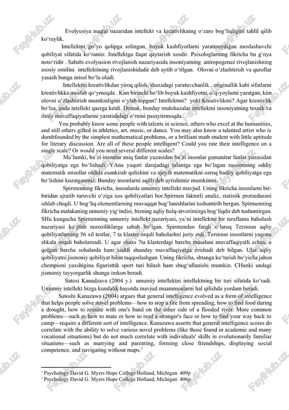 vomida intellekt koeffitsenti yuqori bo‘lgan sinaluvchilar hayotda, faoliyatda yuqori ko‘rsatkichlarni ko‘rsatishgan. iq koeffitsenti pastroq bo‘lgan sinaluvchilar ulardan farqli o‘laroq 30 marta kam yutuqlarga erishishgan. lekin intellekt va kreativlikning bir biriga bog‘liq emasligini boshqa tadqiqotlarda tadqiq etilgan. kreativlik- bu insonni hayotga moslashishi emas, balki uni o‘zgartirishidir. kreativlikning asosiy omili bu insonning dezadaptatsiyasi, ya’ni uni atrof olam va ijtimoiy muhitga moslasha olmasligida deb qaralan nazariyalar ham mavjud. ba’zi olimlar shaxsning kreativlik xususiyatini tashqi olam va insonllardan yolg‘izlanish deya ta’rif berishgan. aynan real olamga nisbatan dezadaptatsiyasi mavjud bo‘lgan, moslasha olmagan inson o‘zidagi yolg‘izlikni engib o‘tish uchun ijod qilish va yangilik yaratishni boshlar ekan. a.adlerning fikricha, insondagi kreativlik o‘zida mavjud bo‘lgan noto‘liqlik kompleksini to‘ldirish vositasi deb bilgan. empirik tadqiqotlarda ko‘rsatilishicha, ijodkor qobiliyatli bolalar shaxsiy va emotsional sohada jiddiy muammolarga duch kelishadi. tadqiqotlarda bunday bolalarning maktabda erishayotgan natijalari ularning imkoniyatlaridan past chiqanini kuzatishimiz mumkin. kreativlik va intellektni qarama-qarshi qo‘ygan olimlardan yana biri dj. gilvord bo‘lib, …