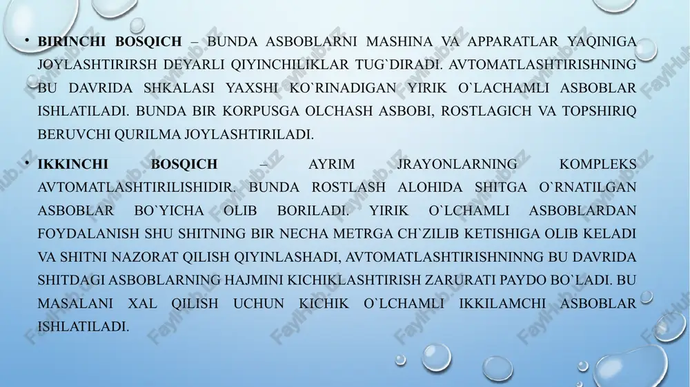 anish shu shitning bir necha metrga ch`zilib ketishiga olib keladi va shitni nazorat qilish qiyinlashadi , avtomatlashtirishninng bu davrida shitdagi asboblarning hajmini kichiklashtirish zarurati paydo bo`ladi . bu masalani xal qilish uchun kichik o`lchamli ikkilamchi asboblar ishlatiladi . avtomatik nazorat – texnologi jarayonlarda tezkor ma’lumotlarni avtomatik ravishda qabul qilish va uni qayta ishlash uchun kerakli bo‘lgan sharoitlarni ta’minlaydi . avtomatik rostlash – texnologik jarayonlarning tegishli parametrlarini avtomatik rostlovchi asboblar yordamida talab qilingan sathda saq lanishini nazarda tutadi . avtomatik boshqarish – texnologik operatorlarni belgilangan ketma - ketlikda avtomatik ravishda bajarilishini va boshqaruv ob’ektiga nisbatan bo`ladigan ta’sirlarning muayyan mutassilligini ishlab chiqishdan iborat . funksional sxemalarning shitga qanday ulanaishi ai- analog input uzluksiz signal keladi i- indicator ya’ni ko`rsatuvchi . r- registr qayt qiluvchi c- control nazorat qilish . demulyator – neft shlamini qovushqoqligini kamaytirish uchun ishlatiladi . scada dasturida toyyorlangan funksional sxemaning ko`rinishi . texnologik jarayonning avtomatlashtirilgan funksional sxemasi . mavzu …