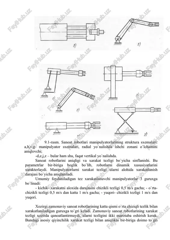 rini aniqligi va xarakat tezligi bo`yicha sinflanishi. bu parametrlar bir-biriga boglik bo`lib, robotlarni dinamik xususiyatlarini xarakterlaydi. manipulyatorlarni xarakat tezligi ularni alohida xarakatlanish darajasi bo`yicha aniqlaniladi. umumiy foydaniladigan tez xarakatlanuvchi manipulyatorlar 3 guruxga bo`linadi: - kichik- xarakatni aloxida darajasini chizikli tezligi 0,5 m/s gacha; - o`rta- chizikli tezligi 0,5 m/s dan katta 1 m/s gacha; - yuqori- chizikli tezligi 1 m/s dan yuqori. xozirgi zamonaviy sanoat robotlarining katta qismi o`rta chiziqli tezlik bilan xarakatlaniladigan guruxga to`gri keladi. zamonaviy sanoat robotlarining xarakat tezligi xozirda qanoatlantirmaydi, ularni tezligini ikki marotaba oshirish kerak. bundagi asosiy qiyinchilik xarakat tezligi bilan aniqlikni bir-biriga doimo to`gri kelmasligidadir. manipulyatorlarni aniqligi xarakatni pozitsion chegarasi xarakteri va berilgan traektoriyani to`gri o`tish natijalari bo`yicha xarakterlaniladi. ko`p xollarda robotlarni aniqligi absolyut chegarasi bilan aniqlaniladi. robotlar aniqligi umumiy qo`llanishi bo`yicha 3 guruxga bo`linadi: -kichik – chiziqli tezligi 1 mm dan va yuqori; - o`rta – chiziqli chegarasi 0,1 mm dan 1 mm gacha; …