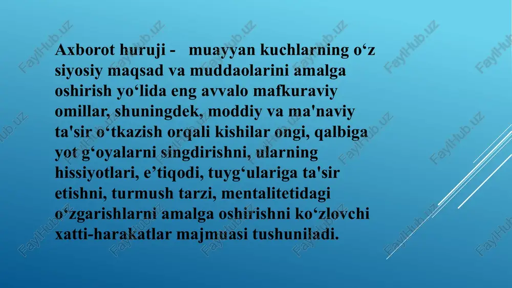 astlab “ozod evropa/”ozodlik” radiosi nomi bilan sosialistik davlatlarga qarshi kurash uchun aqsh davlat departamenti va markaziy razvedka boshqarmasi tomonidan tashkil etilgan ko`p sonli tuzilmalardan biri bo`lgan. 1951 yilda tashkilot siyosiy maslahatchisi o. djekson radiostansiya xodimlariga qarata “bu (radio) psixologik urush xizmati. bizning tashkilot biz eshittirish olib borayotgan mamlakatlarda ichki tartibsizliklarni keltirib chiqarish uchun tashkil qilingan” degan edi. radiostansiya dastlabki yillarda markaziy razvedka boshqarmasi, 1972 yildan esa aqsh kongressi tomonidan moliyalashtiriladi.1953 yilda radio o`zbek tilida, 1960 yildan qoraqalpoq tilida ham eshittirish berib kelmoqda. yuqoridagilar radioning axborot urushi olib borish bo`yicha uzoq yillik tajribaga ega ekanligini ko`rsatadi. internet buzg‘unchilar makoniga aylanishining asosiy sabablari internetning tartibga solinmagani internetdagi faoliyatning maxfiyligi matn, tasvir va ovoz uyg‘unligidagi axborotni joylash kabi qulayliklar internetga kirish osonligi cheksiz auditoriya ma’lumotlarni yetkazish tezkorligi axborot xurujlarga qarshi kurashda quyidagilar muhim: 1. axborot makonini mamlakatimizda amalga oshirilayotgan islohotlar, o`zgarishlar, aholining qiziqishi yuqori bo`lgan masalalar haqidagi ob`ektiv va pozitiv axborot bilan doimiy …
