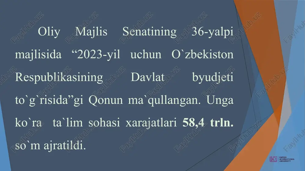 a. o’zbekiston mustaqillikka erishish ostonasida. – toshkent: o’zbekiston, 2011. 3. mirziyoyev sh. yangi 0‘zbekiston taraqqiyot strategiyasi. to‘ldirilgan ikkinchi nashri. - toshkent: “o‘zbekiston” nashriyoti, 2022. - 416 bet. 4.mirziyoyev sh. yangi 0‘zbekiston taraqqiyot strategiyasi. to‘ldirilgan ikkinchi nashri. - toshkent: “o‘zbekiston” nashriyoti, 2022. - 416 bet. 5.o‘zbekistonning eng yangi tarixi xrestomatiyasi. mas’ul muxarrir: a.sabirov, s.po‘latova. – toshkent, 2014. 6 o‘zbekistoning eng yangi tarixi mas'ul muharrir; yu.a..ergasheva – 2021 e’tiboringiz uchun rahmat! image1.png image2.jpg image3.jpg image4.jpeg image5.jpeg image6.jpeg image7.jpeg image8.jpeg image9.jpeg <i karshi i} international university /docprops/thumbnail.jpeg dees arenes ease: ne stint ee ee ‘ini nin ress et a ‘wmrstrapningor ra 2. ih gon re et iy “dens ins eng inne “sin ph ie me orton yep it nd at | ‘ibe ove roping a ‘sp ung ag ea 4 hn ar hy