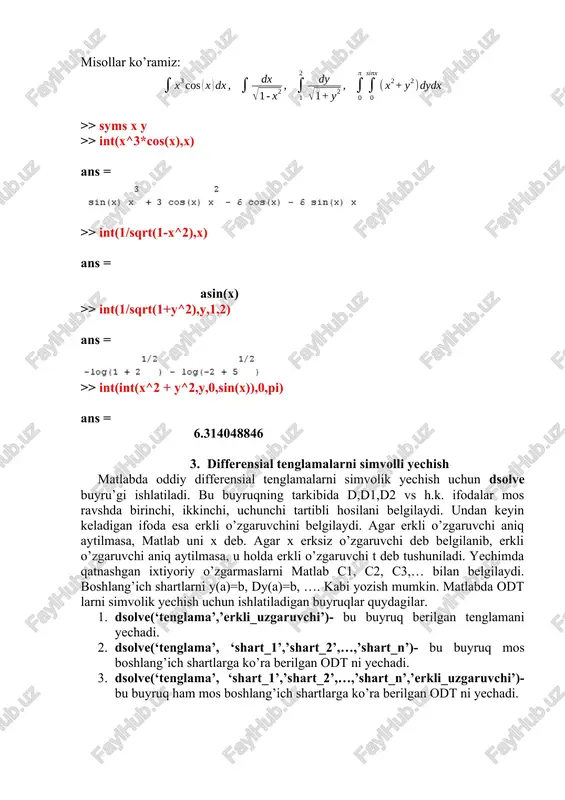 hart_1’,’shart_2’,…,’shart_n’,’erkli_uzgaruvchi’)- bu buyruq ham mos boshlang’ich shartlarga asosan odts ni yechadi. 5. dsolve(‘tenglama_1,tenglama_2,…, tenglama_n’, ‘shart_1’, ’shart_2’,…,’ shart_n’, ’erkli_uzgaruvchi’)- bu buyruq ham mos boshlang’ich shartlarga asosan berilgan dts ni yechadi. quyidagi differensial tenglamalarni yechamiz: 1. 2. 3. 4. 5. 6. 7. , . >> dsolve('dy=sin(y-x)') ans = >> dsolve('d2y*(exp(x)+1)+dy=0') ans = >> dsolve('x*dy+y=y^2','y(1)=0.5','x') ans = >>dsolve('d3y-4*d2y+3*dy=x^2+x*exp(x)','y(0)=1,dy(0)=-1, d2y(0)=0','x') >>dsolve('d4y+d2y=2*cos(x)','y(0)=-2','dy(0)=1','d2y(0)=0','d3y(0)=0','x') ans = 4. odt larning sonli yechimlarini toppish ayrim hollarda odt larni simvolik yechib bo’lmay qoladi. bunday holatda ularni sonli usulda yechish, grafigini qurish kerak bo’ladi. buning uchun matlab tizimida ko’pgina tayyor funksiyalar qurilgan bo’lib, ular differensial tenglamaning turiga qarab ishlatiladi. bu tayyor funksiyalar m-funksiyalardan iborat bo’lib, ular odt yechuvchilari diyiladi. ular quydagilardan iborat: 1. ode45-bir qadamli oshkor 4 – va 5- tartibli runge –kutta usuli. 2. ode113- o’zgaruvchi tartibi ko’p qadamli adamas-bashvort-multon usuli. bu usul yechimni yuqori aniqlikda izlash uchun qo’llaniladi. 3. ode15s- o’zgaruvchi tartibi ko’p qadamli usul. bu usul ayrim murakkab …