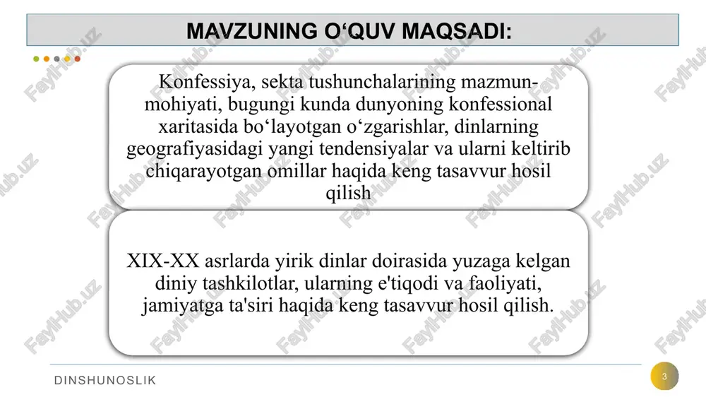 .) diniy ta'limotlarni buzib talqin qiluvchi harakatlarga: 10 dinshunoslik protestantlarning “ikkilamchi” birlashmalari – «yahve shohidlari» («svideteli iegovo»), «oxirgi kun avliyolari iso masih cherkovi» (mormonlar), «masih cherkovi» (boston harakati); soxta xristian harakatlar – «mun birlashtirish cherkovi», «vissarion oxirgi ahdi cherkovi», «oq birodarlar»; sayentologik kultlar – «xristian ilmi», «ron xabbard sayentologiya markazi», «kloneyd», «oq ekologlar» harakati; sektalar 11 dinshunoslik “sekta”so‘zi, eng umumiy ma'noda, muayyan diniy, siyosiy yoki falsafiy qarashlarga ergashuvchilar guruhini anglatadi. “diniy sekta” deganda ma'lum bir dindagi rasmiy aqidalarga zid ravishda ajralib chiqqan yoki mavjud dinlar va konfessiyalarga umuman aloqasi bo‘lmagan holda din bayrog‘i ostida faoliyat ko‘rsatadigan guruhlar tushuniladi. sektalar 12 dinshunoslik bugungi kunda har ikkala yo‘nalishga mansub bo‘lgan ko‘plab sektalar faoliyat ko‘rsatmoqda. mutaxassislar ularning sonini taxminan 5000 atrofida, deb ko‘rsatadilar. soxta xristianlik harakatlari 13 dinshunoslik zamonaviy voqelik diniy-ekstremistik xarakterdagi sektalarning inson ongi va qalbi uchun kurash yo‘lidagi faoliyatining jonlanishi kuzatilayotganini ko‘rsatmoqda. qo‘shni davlatlarda "bogorodichiy sentr", "serkov' ob'edineniya", "serkov' isusa", "serkov' …