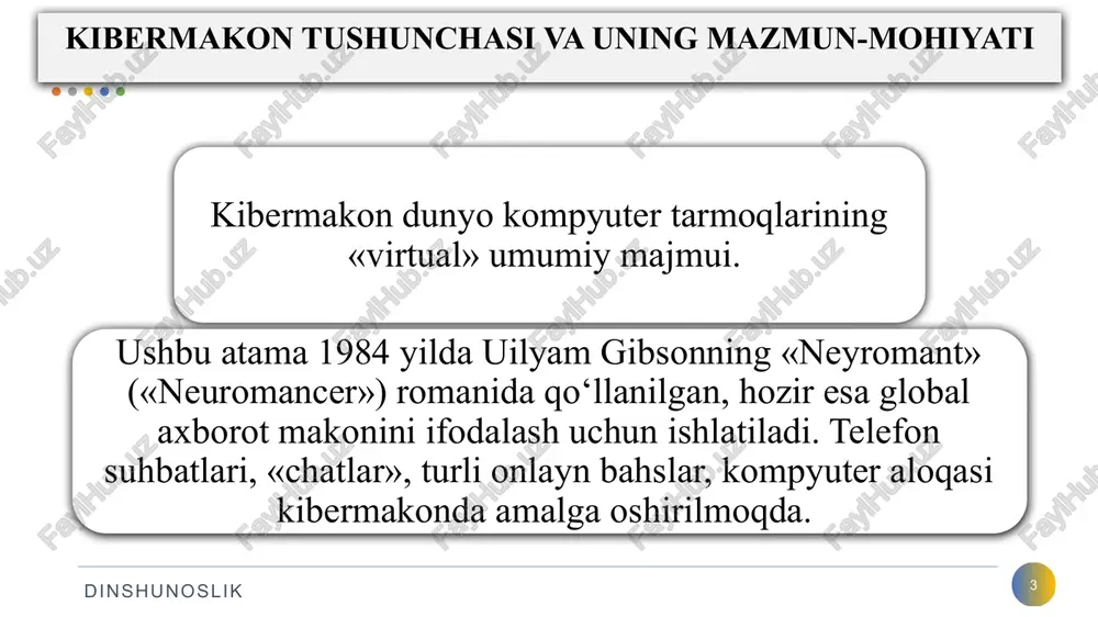 xassislarning ta'kidlashlaricha axborot urushi milliy harbiy strategiyani ta'minlashda axborot borasida ustunlikka erishish maqsadida amalga oshiriladigan xatti-harakatlarni ifoda etadi. bunda raqib tomon axborot tizimlariga ta'sir o‘tkazish bilan bir vaqtda o‘z axborot infratuzilmasi mustahkamlab boriladi. 13 dinshunoslik mustaqillik yillarida mamlakatimizda ham axborot resurslaridan foydalanish, axborot almashinuvi va umuman, axborotlashtirishga doir qonun xujjatlari majmui shakllantirildi. «axborotlashtirish to‘g‘risida»gi o‘zbekiston respublikasi qonunining 4-moddasida «axborotlashtirish sohasidagi davlat siyosati axborot resurslari, axborot texnologiyalari va axborot tizimlarini rivojlantirish hamda takomillashtirishning zamonaviy jahon tamoyillarini hisobga olgan holda milliy axborot tizimini yaratishga qaratilgan» – degan qoida o‘z aksini topgan. din niqobidagi mafkuraviy tahdidlarning namoyon bo‘lish shakllari yoshlarning turli oqimlarga kirib qolishlari sabablari ularning bilimlari, shu jumladan, diniy ilmlarni egallashga bo‘lgan qiziqish va intilishi hamda ishonuvchanligi, birdaniga va hamma narsaga (boylik, shon-shuhrat, martaba va h.k.) ega bo‘lishga harakat qilishi, ya’ni maksimalizm kabi ma'naviy-ruhiy omillarni alohida ajratib ko‘rsatish lozim. «sen bu tashkilotga kirish yoki mana bu vazifani bajarish bilan alohida, har kimga …